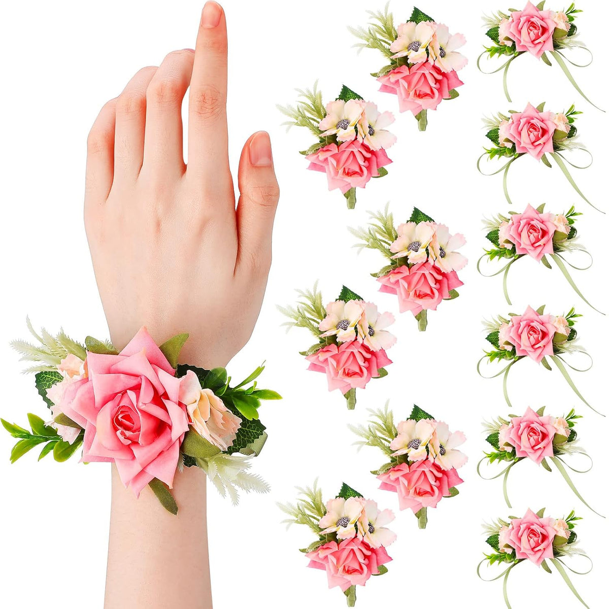 24 Pcs Pink Rose Flower Wrist Corsage And Boutonniere Set Artificial Corsage Flower Bride For Wedding Formal Dinner Party Prom Decorations Accessories