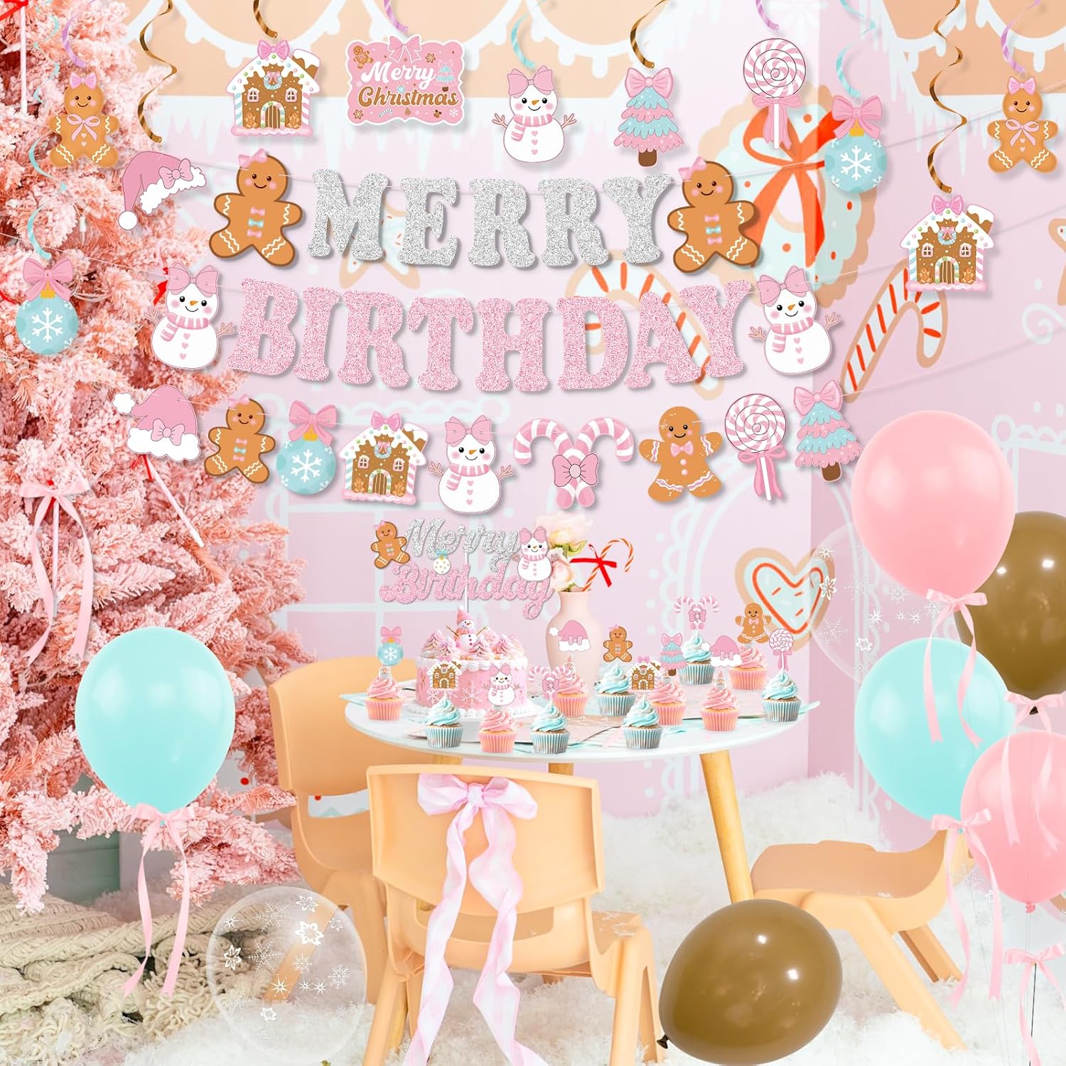 Pink Christmas Merry Birthday Party Decorations, Gingerbread Man Merry Birthday Banner, Cake Topper, Snowflake Balloons For Girls Gingerbread Christmas Decorations Pink Bow Xmas Party