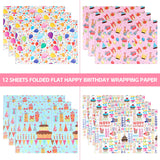 Birthday Wrapping Paper Sheet, 12 Sheets Folded Flat Gift Wrapping Paper, 4 Styles Happy Birthday Gift Wrap With Balloons, Candles, For Birthday Party, Baby Shower And Holiday, 19.7" X 27.5" Per Sheet