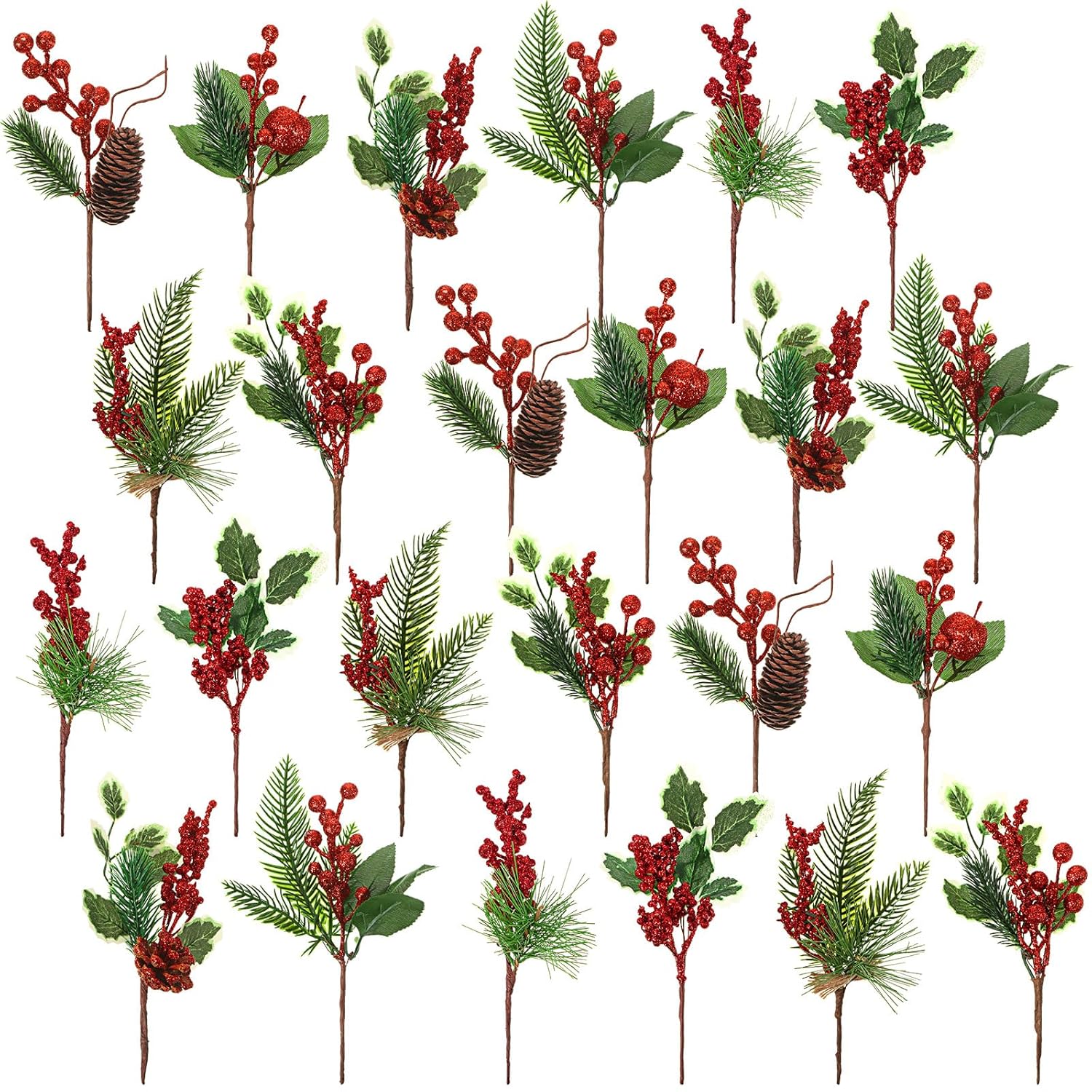 24 Pcs Christmas Picks And Spray Christmas Tree Red Berry Pine Picks Artificial Faux Berry Branches Poinsettia Holly Pine Flower Pick Stem Pinecones For Crafts Party Home Decor