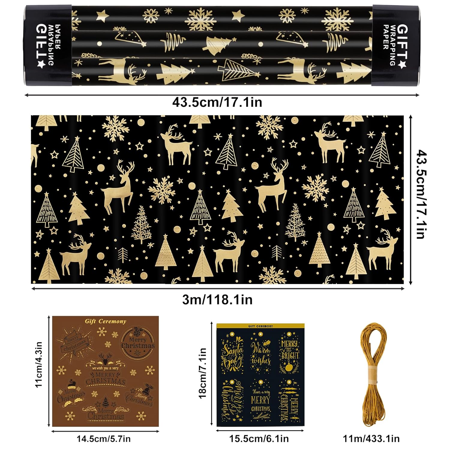 Christmas Wrapping Paper Rolls-3 Rolls Black And Gold Wrapping Paper, Christmas Tree Snowflake Reindeer Glitter Foil Xmas Wrap Paper For New Year, Party, Birthday, Wedding, Holiday, 17 X 118''