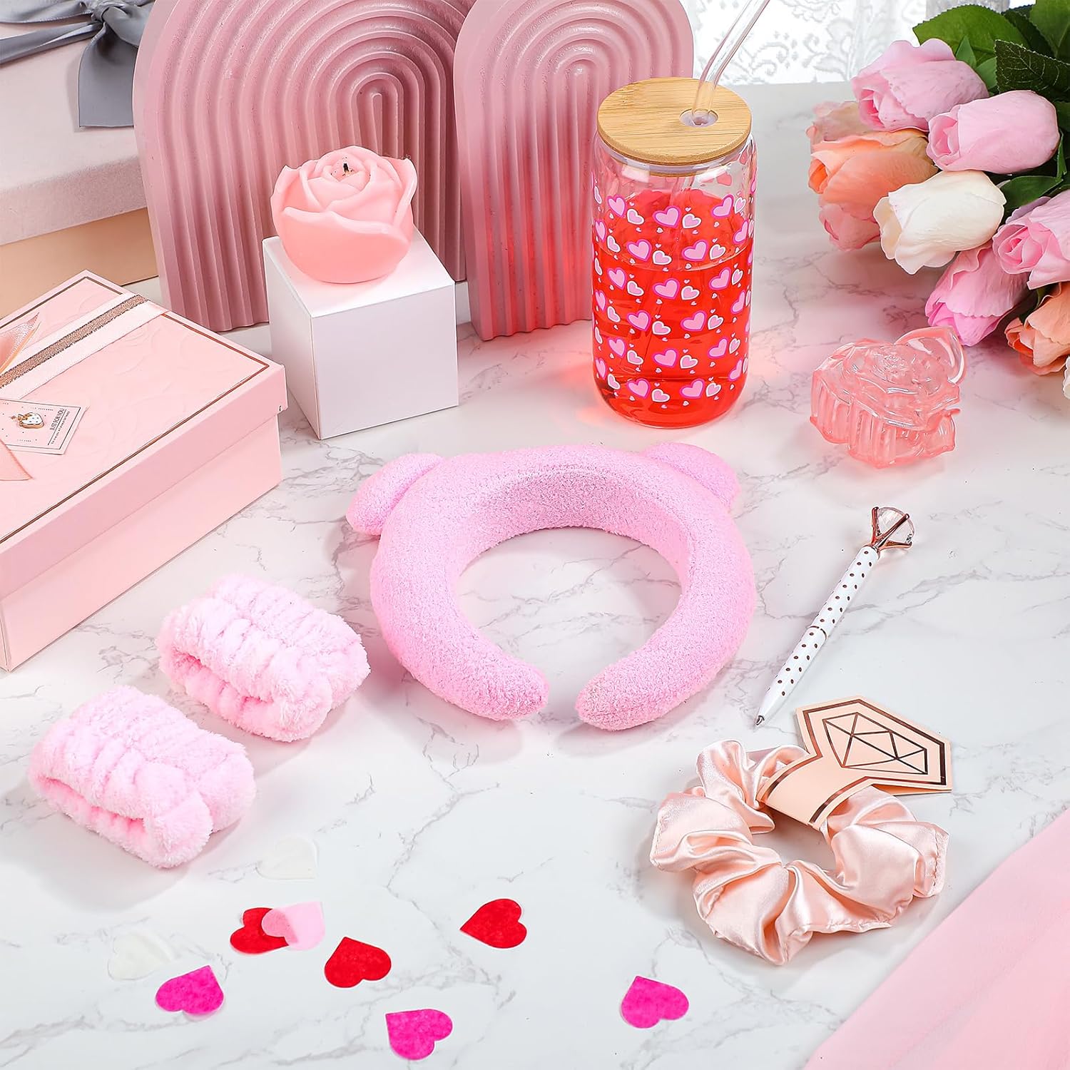 7 Pcs Valentines Gifts For Her Pink Theme Gifts Set Love Cup Rose Claw Clip Scented Candle Diamond Pen Hairband Wrist Bands Hair Scrunchy For Wedding Wife Girlfriend Mom