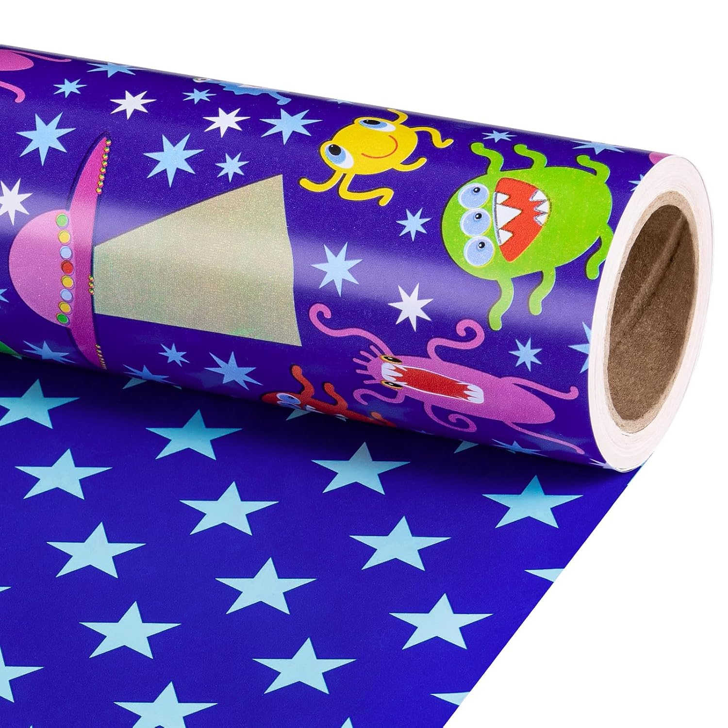 Reversible Space Wrapping Paper Roll, Mini Roll, Cartoon Outer Space, Colorful Alien & White Star Design, Blue Birthday Gift Wrap Paper For Kids Boys, Outer Space Party, 17 Inches X 16.4 Feet