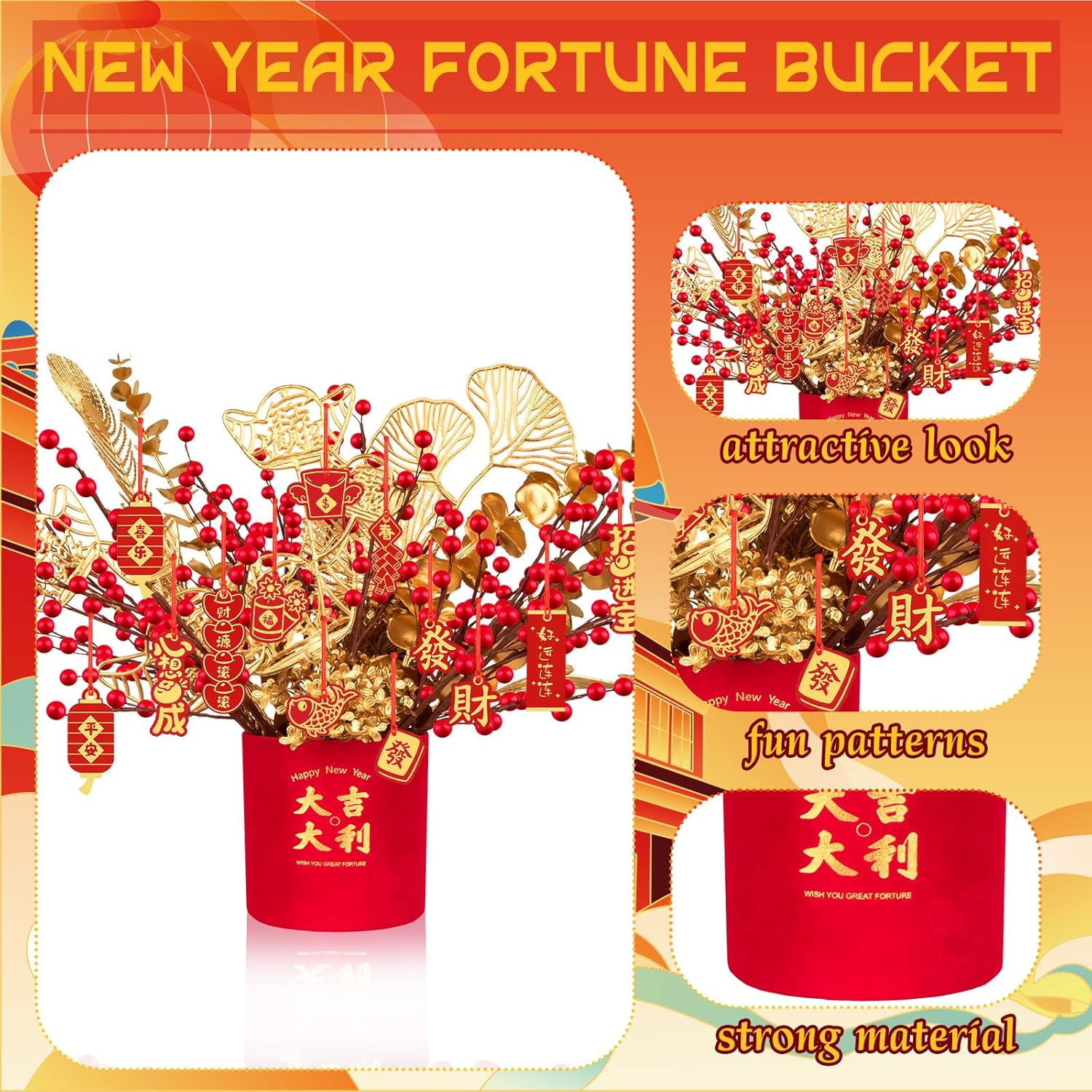 Chinese New Year Artificial Potted Plant Luck Bucket Red Fruit And Gold Leaves Artificial Potted Flower Spring Festival Flower Blessing Bucket For Indoor Home Office Shelf Tabletop Decor