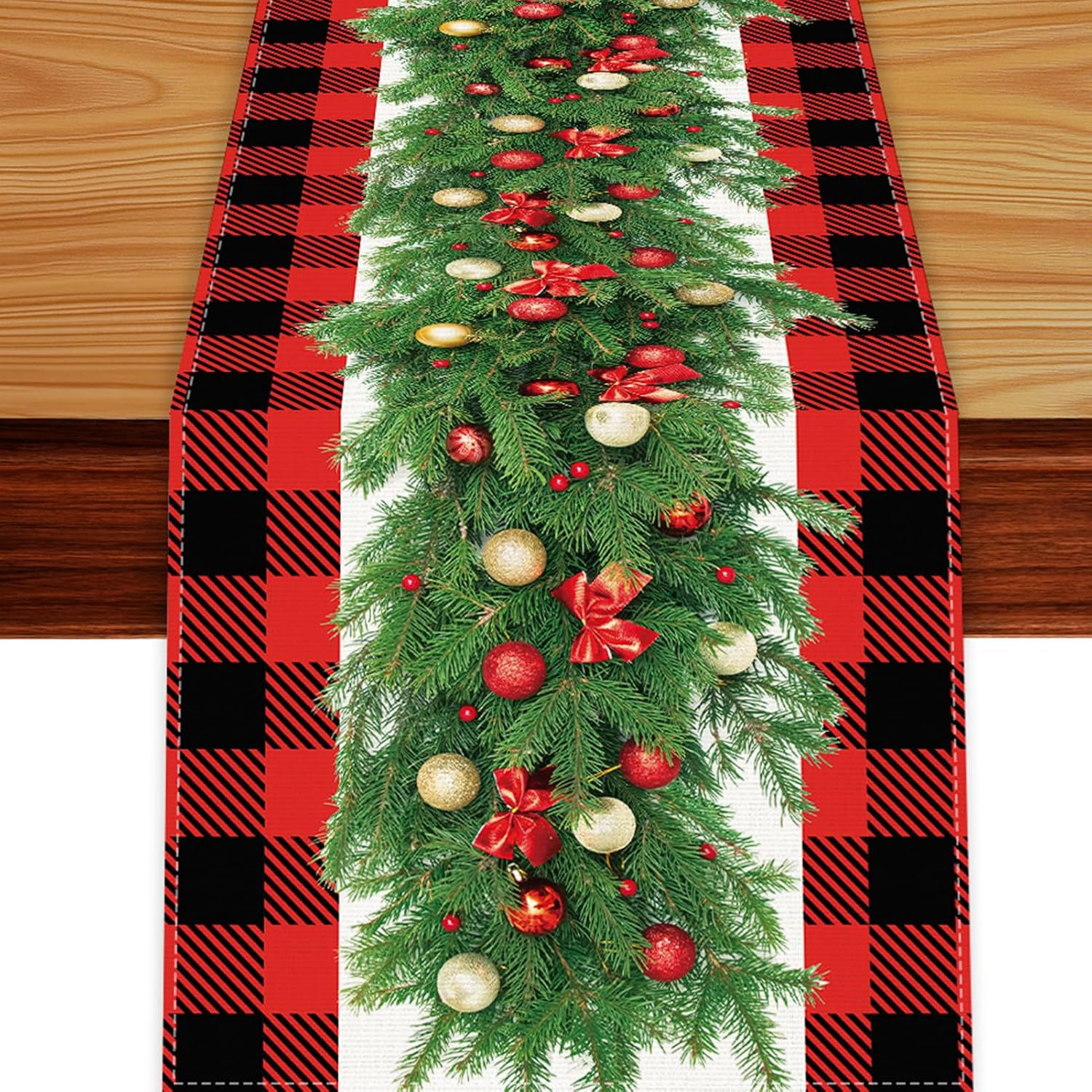 Red And Black Buffalo Plaid Table Runner, Seasonal Winter Christmas Holiday Kitchen Dining Table Decorations And Supplies For Home Dining Room Party Decor (Christmas Garland -01, 13X72 Inches)