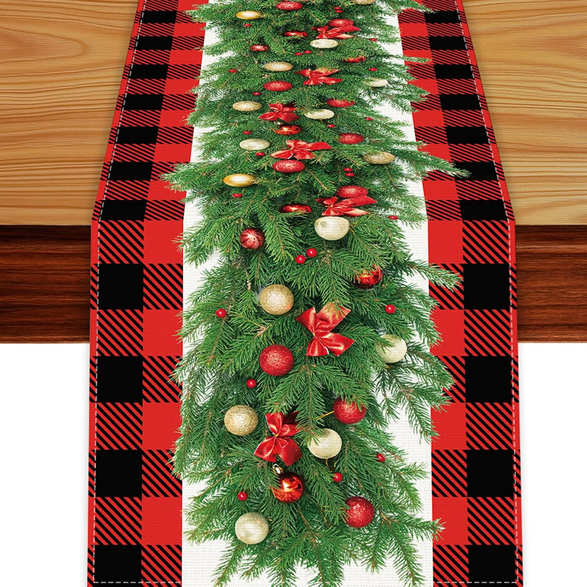 Red And Black Buffalo Plaid Table Runner, Seasonal Winter Christmas Holiday Kitchen Dining Table Decorations And Supplies For Home Dining Room Party Decor (Christmas Garland -01, 13X72 Inches)