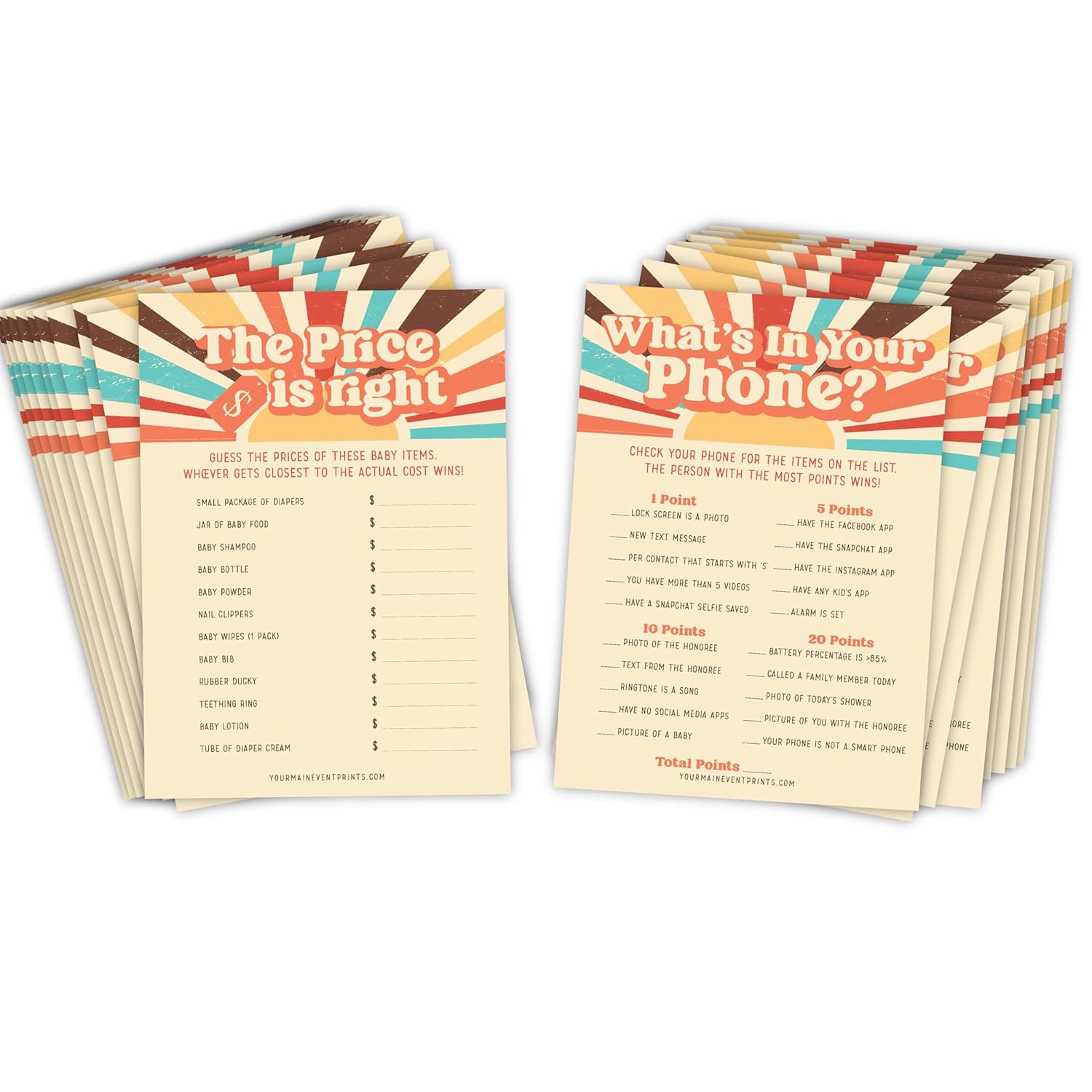 Here Comes The Son Baby Shower Games And Activities - 50 Pack, Retro Sunshine Theme, Price Is Right, And What'S In Your Phone, Fun Babyshower Games.