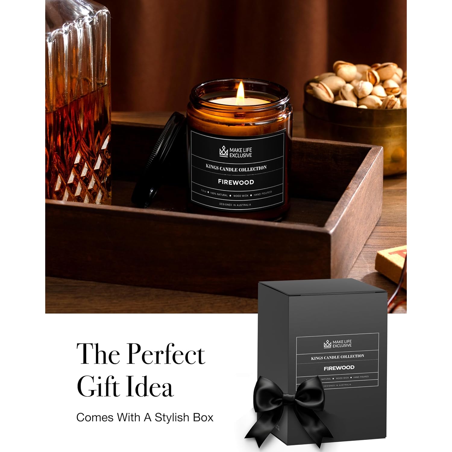 Scented Candles For Men | Firewood & Campfire Scented|Wooden Wick, Long Lasting, Masculine Scents | Natural Soy Jar Candle For Home, Bachelor Pad Decor | The Perfect Mens Gift.