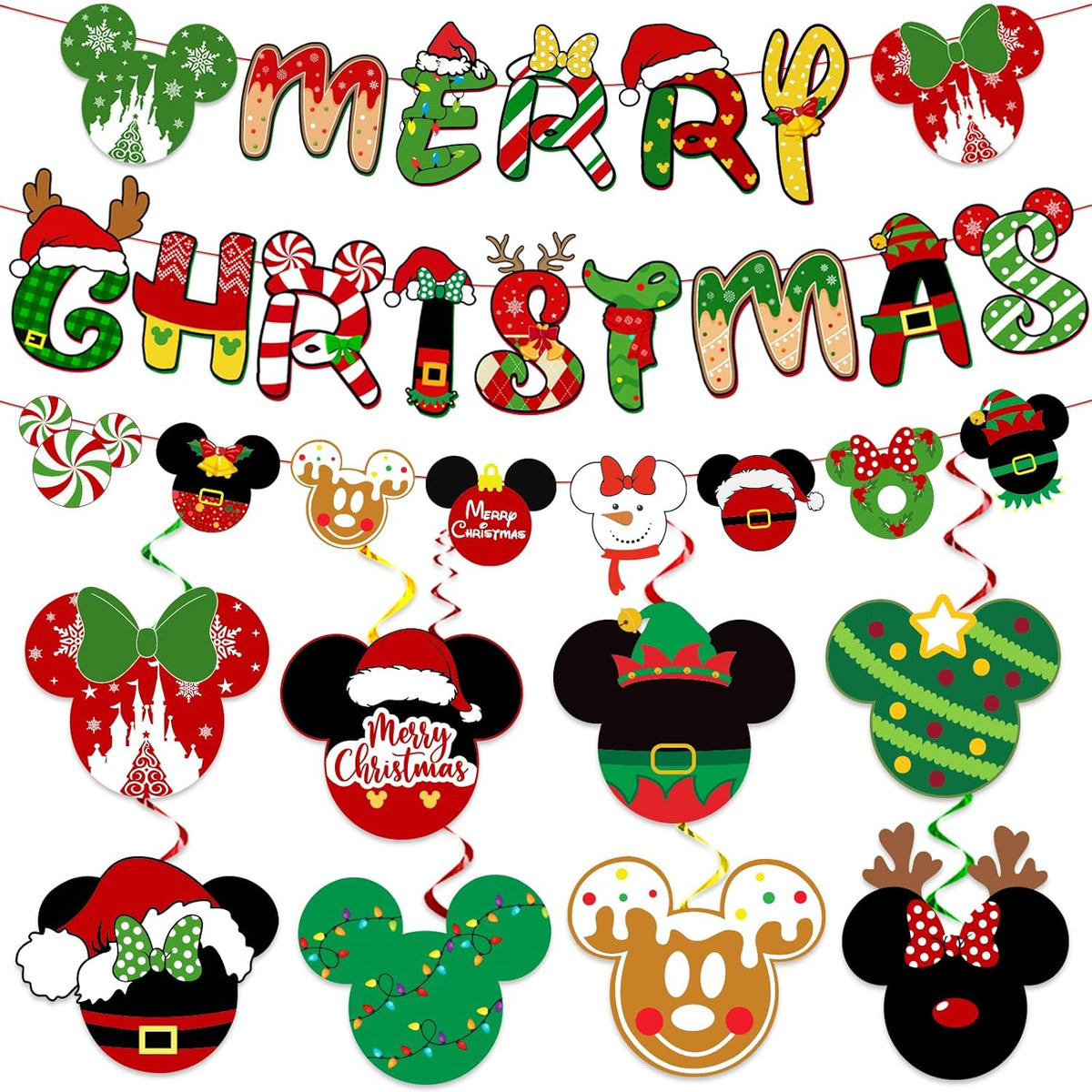 Mouse Theme Christmas Hanging Decorations - Banner, Foil Ceiling Swirls For Winter Holiday Merry Party Supplies