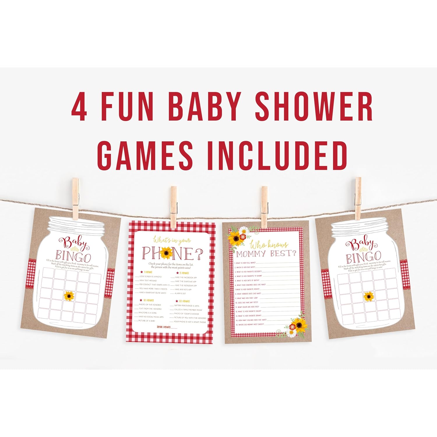 Bbq Baby Shower Games - Babyq Bingo, Find The Guest, What'S In Your Phone, Who Knows Mommy Best - 25 Games Each, Printed Front And Back, 1 Game Per Side