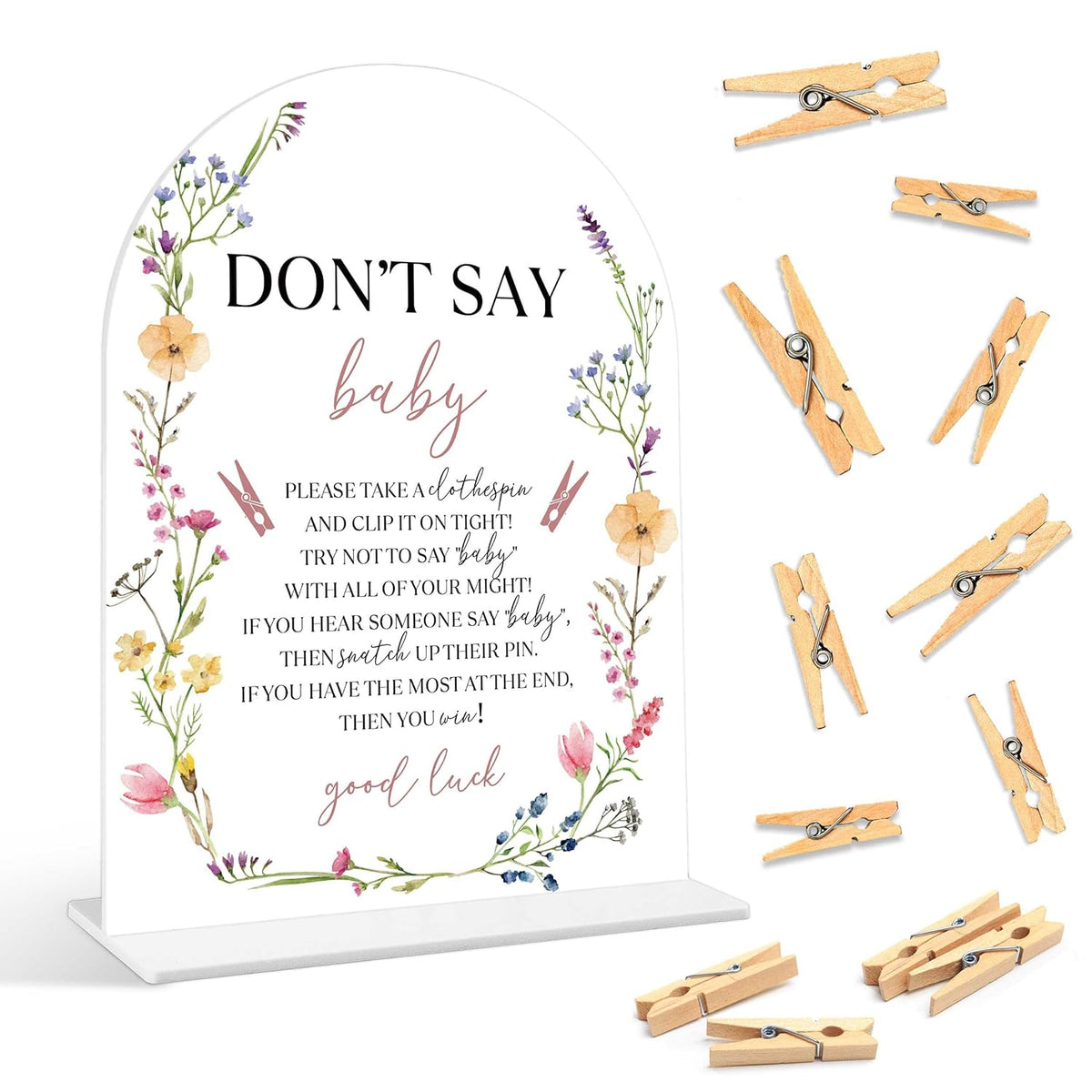 Baby Shower Games - Wildflower Don'T Say Baby Clothespin Game, 1 Arch Acrylic Sign And 50 Mini Clothespins, Gender Reveal Game, Floral Baby Shower Decoration Supplies (Gxb05)
