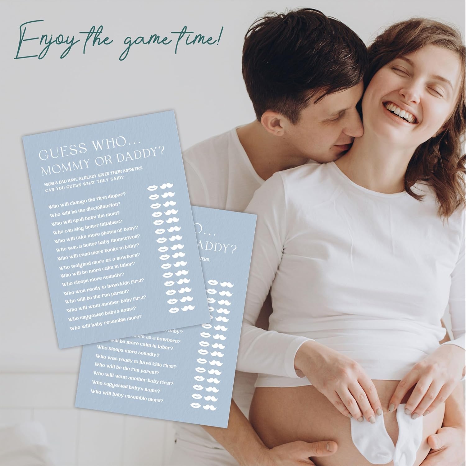 Minimalism Baby Shower Game Kits - Guess Who Mommy Or Daddy - Mist Blue - 30 Fill In Style Game Cards Each Set, Gender Reveal, Baby Announcement, Party Favor & Decor - B03