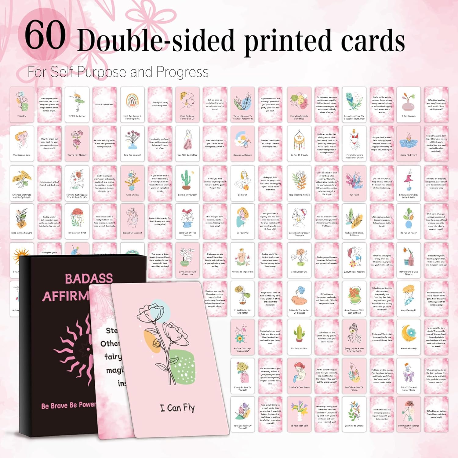 60 Pcs Positive Affirmation Cards, Daily Motivational And Inspirational Cards For Women,60 Designs (Pink)