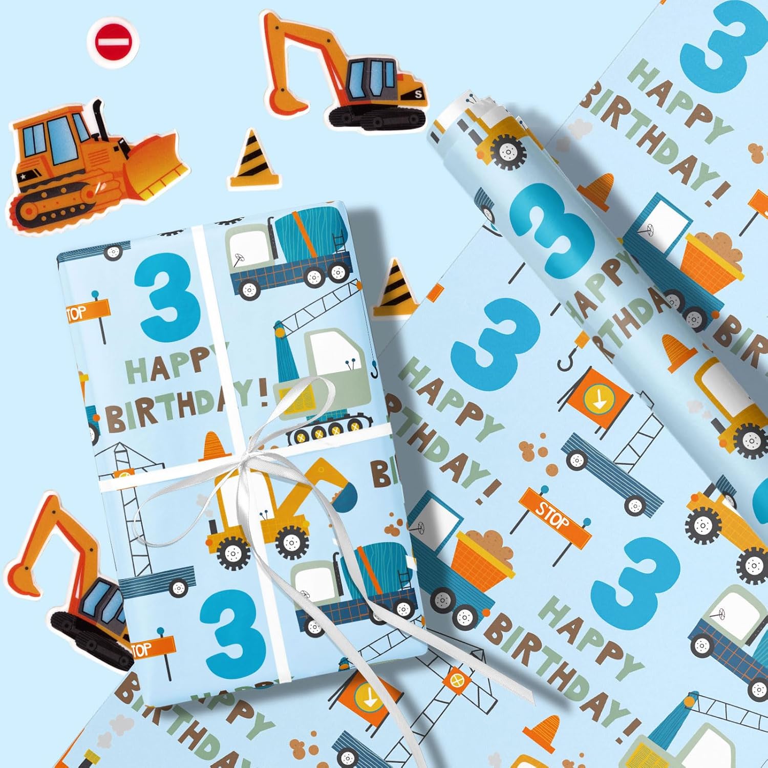 Blue Cartoon Cars & Trucks Birthday Wrapping Paper - 17" X 16.4Ft - 3Rd Birthday Boys