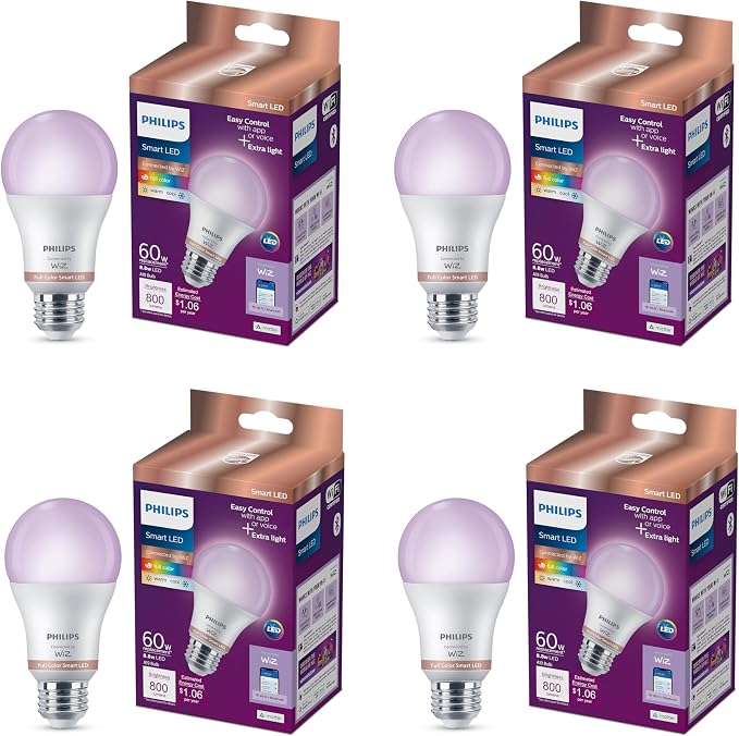 Philips Matter Smart LED Light Bulb A19 60W Equivalent RGB Color 4 Pack