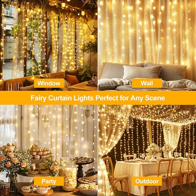 6.6FT x 6.6FT Fairy Curtain Lights Warm White USB Plug In Tangle Free 8 Modes with Remote for Bedroom Wedding Party Christmas Indoor Outdoor Decor