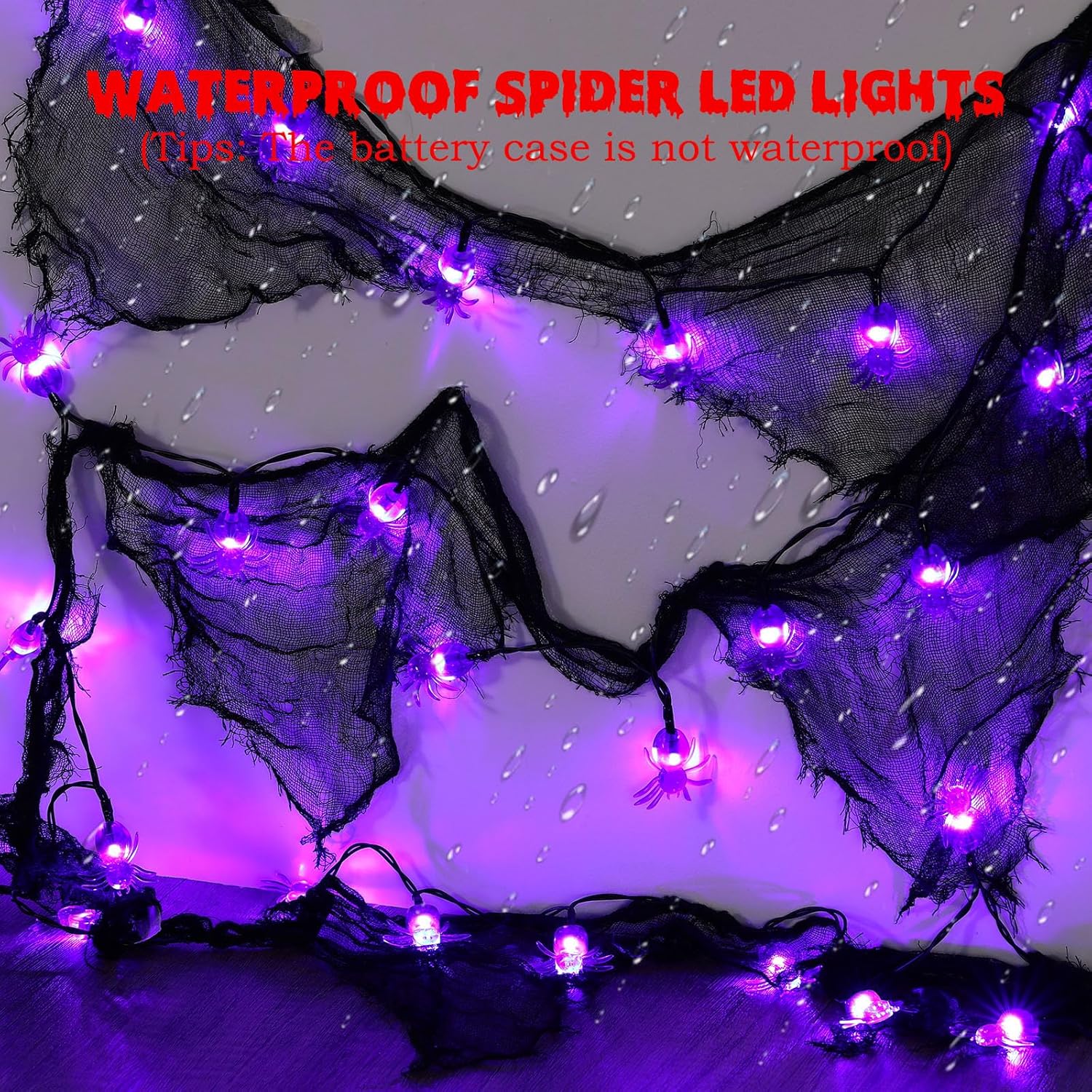 9.8 Ft Halloween Decorations Purple Spider Lights With Black Gauze 30 Led Battery Operated Fairy Lights For Patio Garden