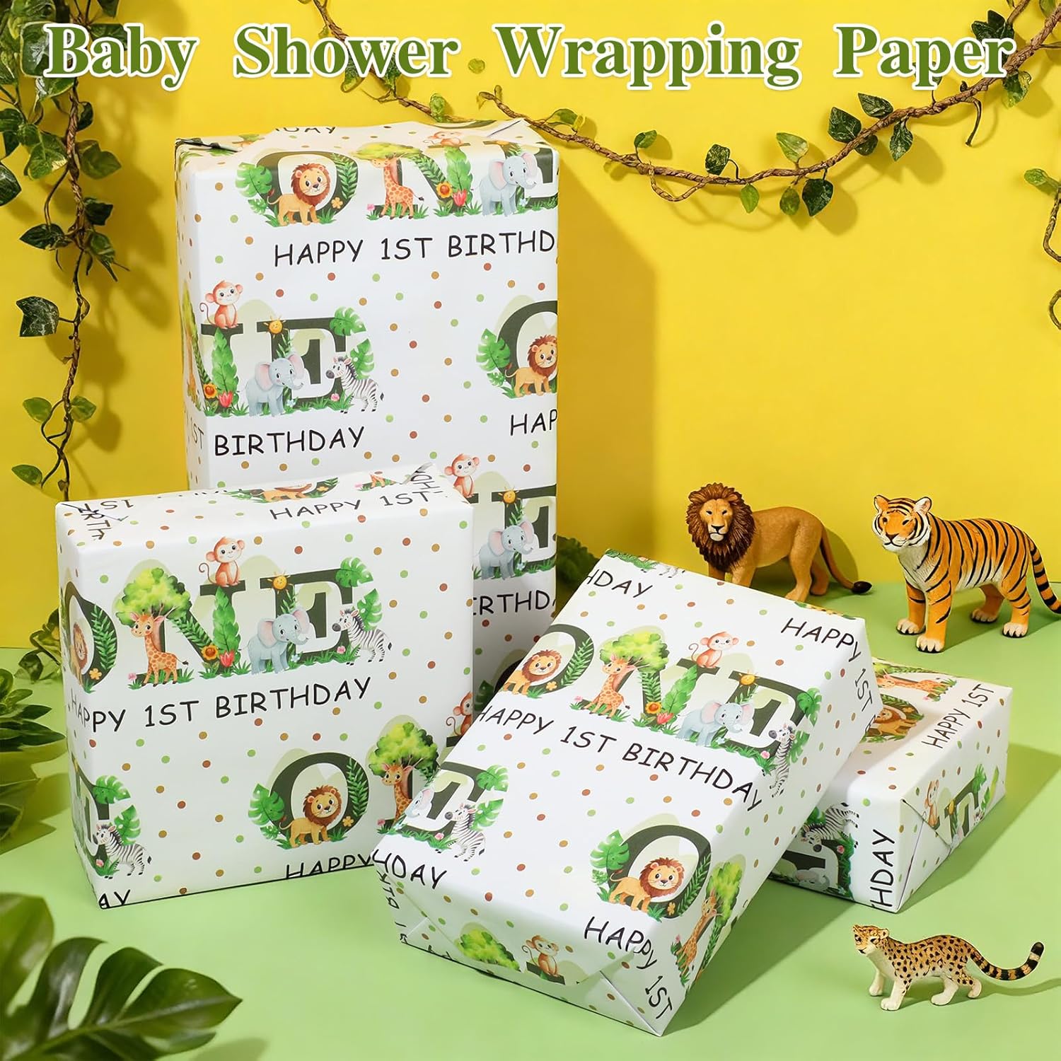 Age 1 Gift Wrapping Paper Roll Wild One 1St Birthday Wrapping Paper Jungle Animals Birthday Gift Wrap With Jungle Animals Design For Baby Shower Xmas Holiday Party Supplies, 17 Inch ×16.4 Feet