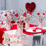 4 Sets Valentine'S Day Table Centerpiece Red Pink White Wood Heart Berry Stems Picks With Metal Pot Artificial Valentine Flowers Floral Arrangement For Wedding Party Fireplace Decor