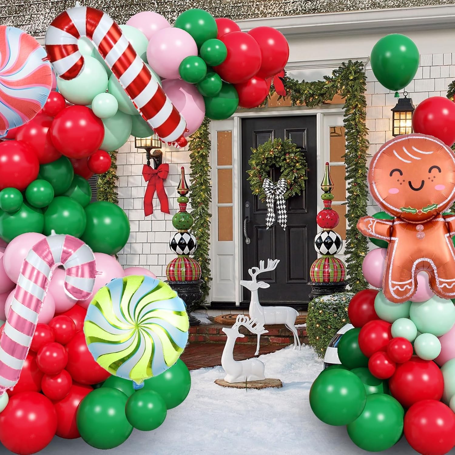 Christmas Balloon Arch, Pink Green Christmas Balloons, Green Pink Red Christmas Balloon Garland Kit, Pink Green Christmas Party Balloons With Christmas Cane Candy Gingerbread Man Foil Balloons
