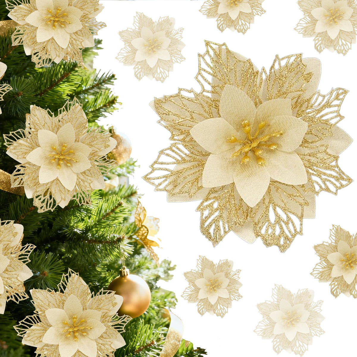 Glitter Poinsettia For Christmas Tree, 12 Pcs Artificial Christmas Flowers With Clips Stems Xmas Tree Ornaments For Wedding Party Wreath Decoration (New Gold)