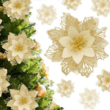 Glitter Poinsettia For Christmas Tree, 12 Pcs Artificial Christmas Flowers With Clips Stems Xmas Tree Ornaments For Wedding Party Wreath Decoration (New Gold)
