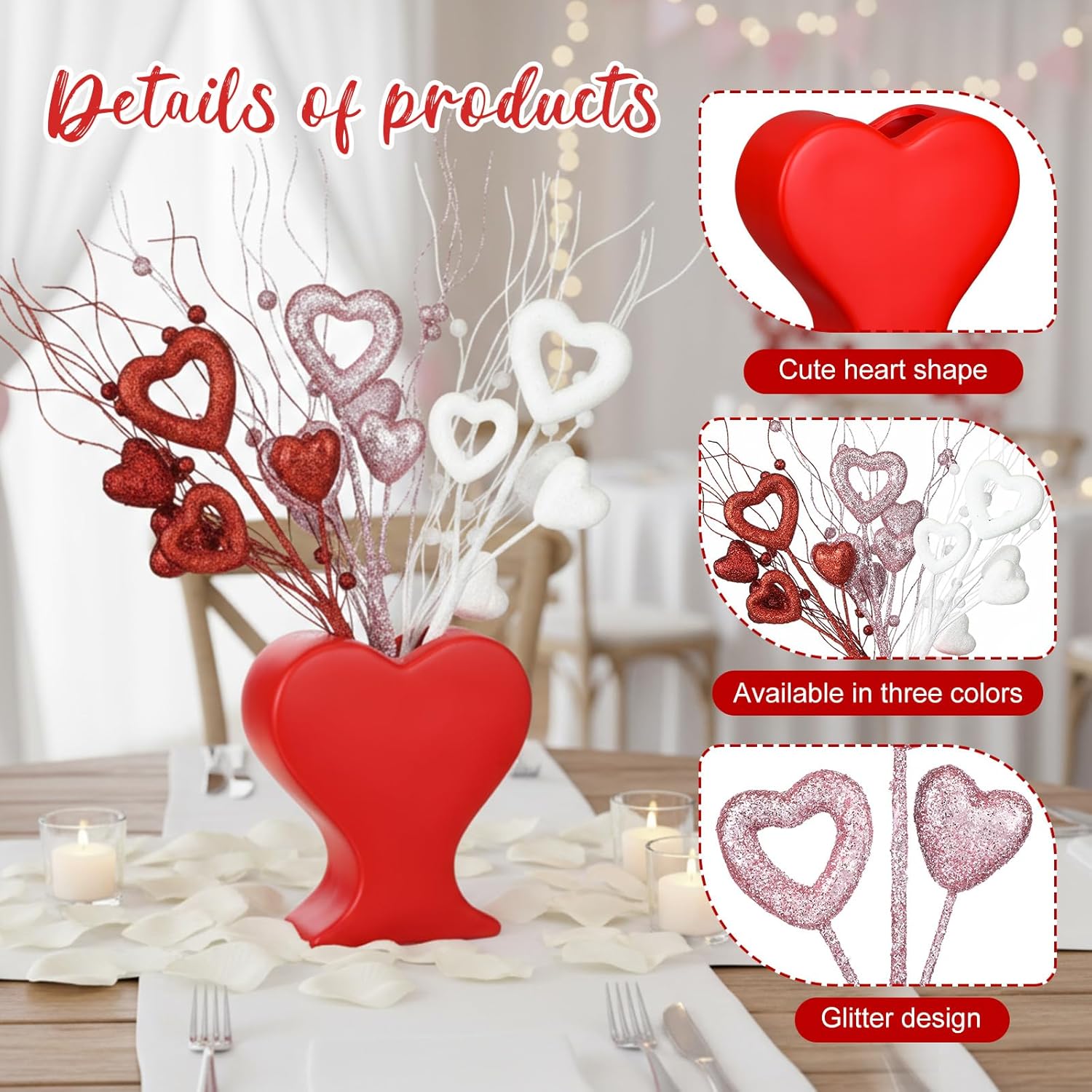 6 Pcs Valentine'S Day Heart Shaped Glitter Picks And Heart Vase Decoration Table Centerpiece Romantic Red Pink Stem Picks With Flower Vase For Valentines Day Wedding Anniversary Party Decor