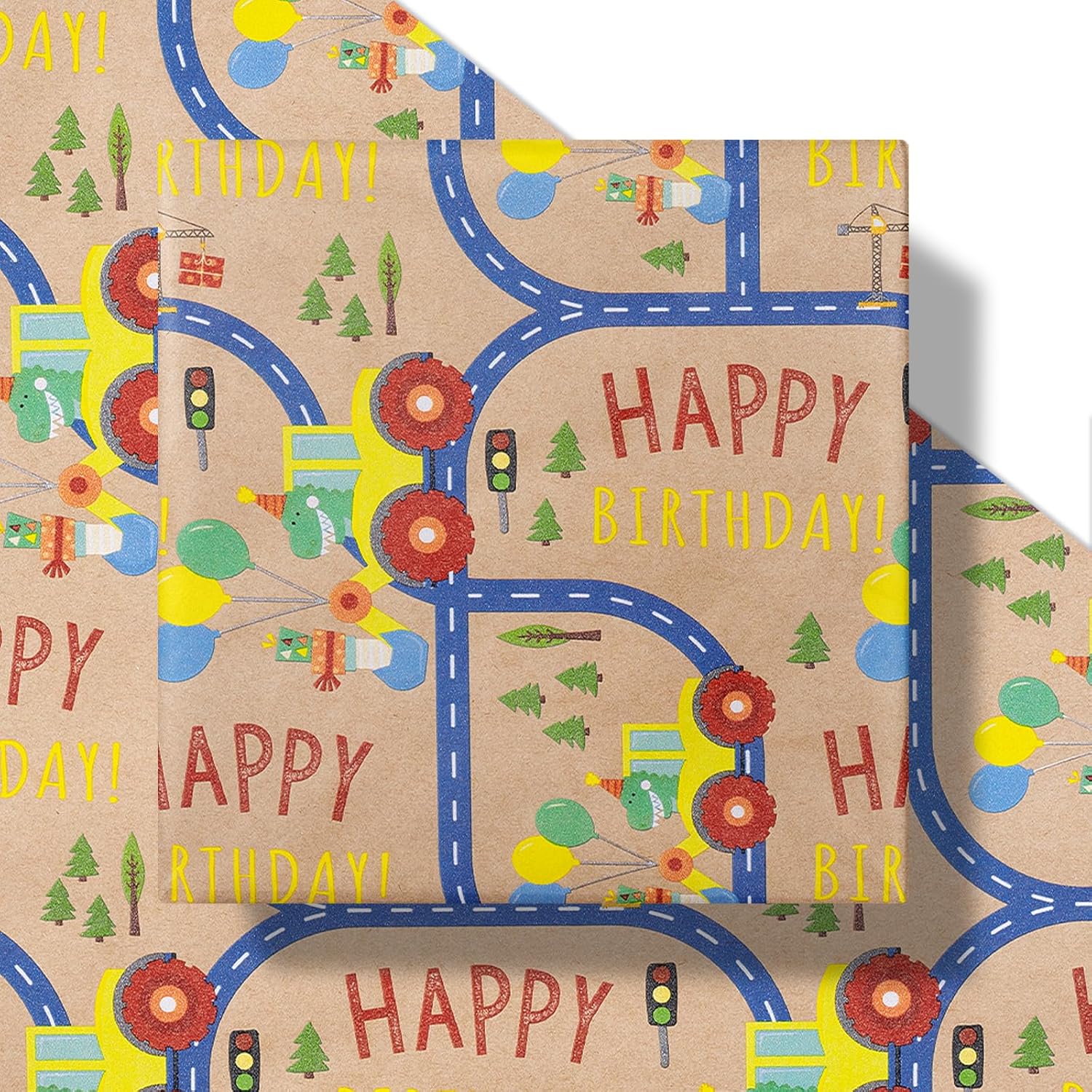 30" X 32.8' Dinosaur Birthday Wrapping Paper Large Kraft Paper Roll, Jumbo Roll, Coloful Dinosaur, Construction Vehicle And Happy Birthday Text Kraft Gift Wrap For Kids Boys Party, 82 Sq. Ft