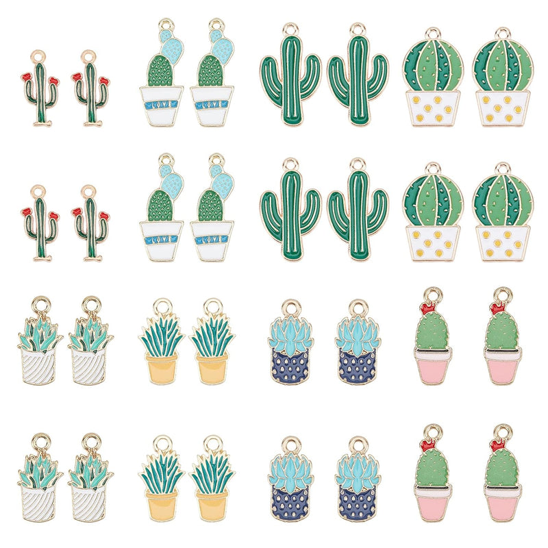 48Pcs 8 Styles Cactus Tropical Charms, Plant Enamel Charms Pendant Summer Dese