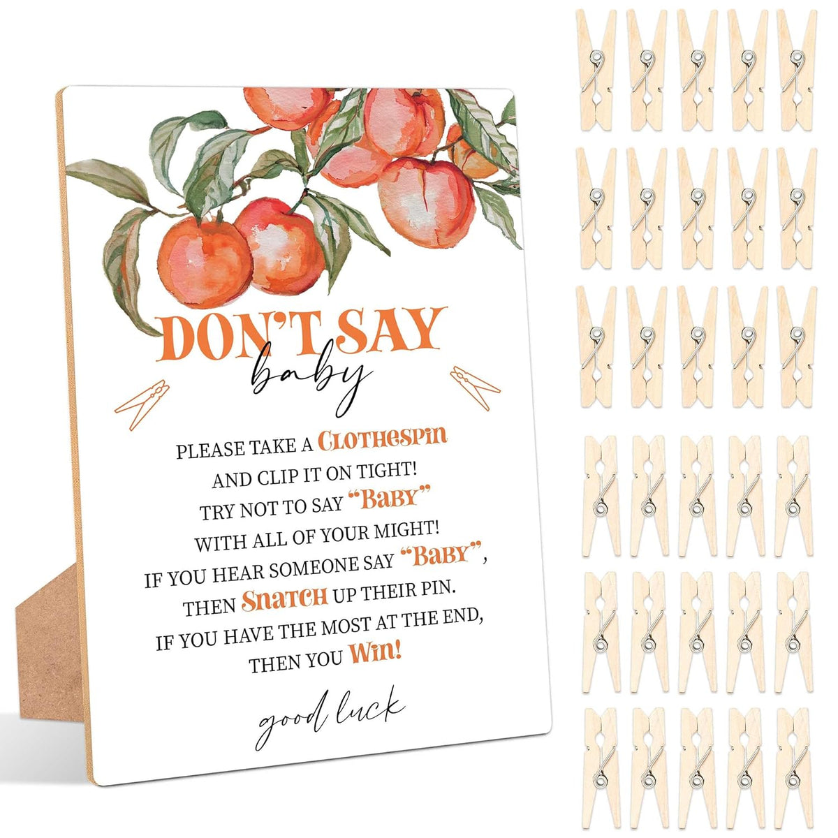 Peach Don'T Say Baby Clothespin Game, Pack Of 1 Wooden Tabletop Sign With Stand And 50 Mini Natural Clothespins, Sweet Peach Baby Shower Game, Gender Reveal Party Decorations - Qx15