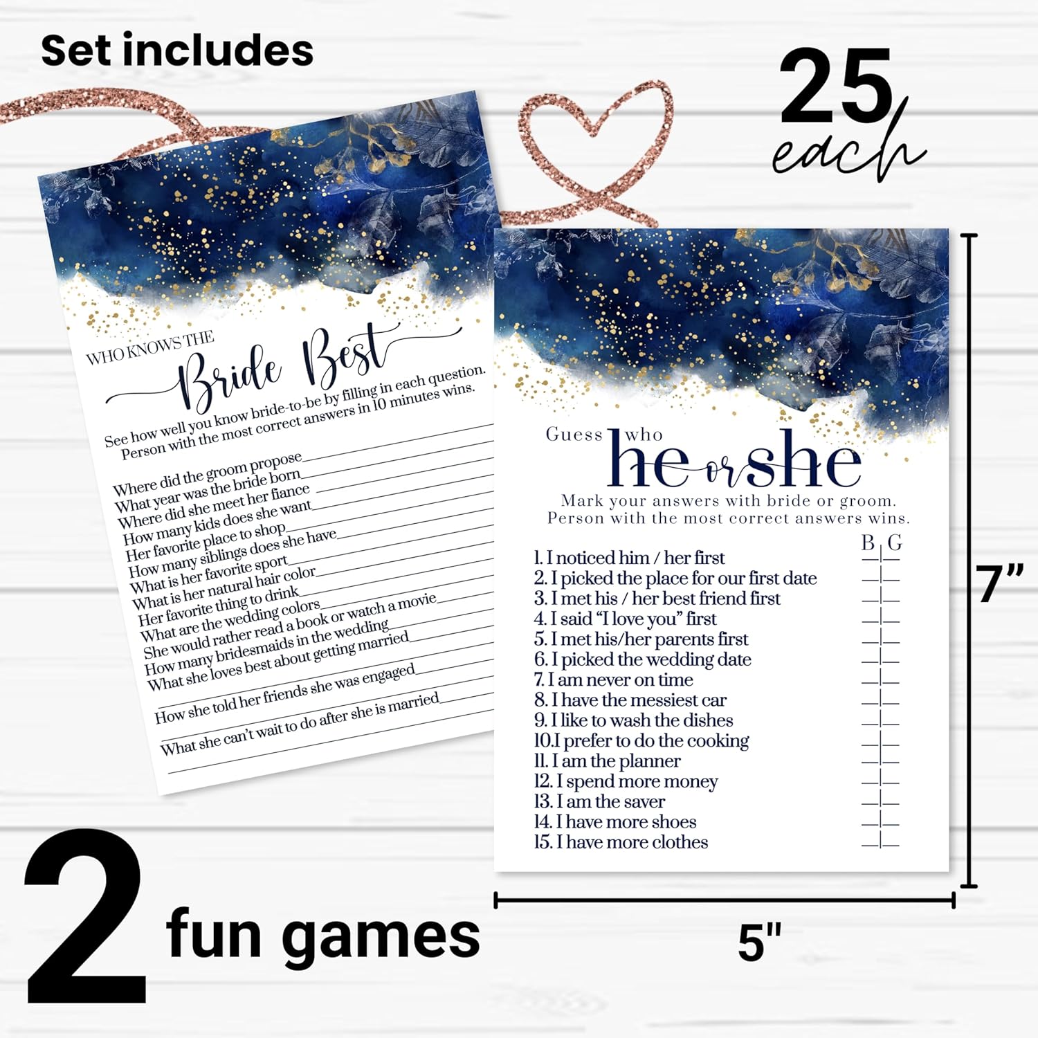 Blue Bridal Shower Games - Bundle Includes He Said Or She Said & Who Knows The Bride Best - 25 Double-Sided Cards - Fun Ideas For Engagement Parties & Rehearsal Dinners - Gold Floral Design