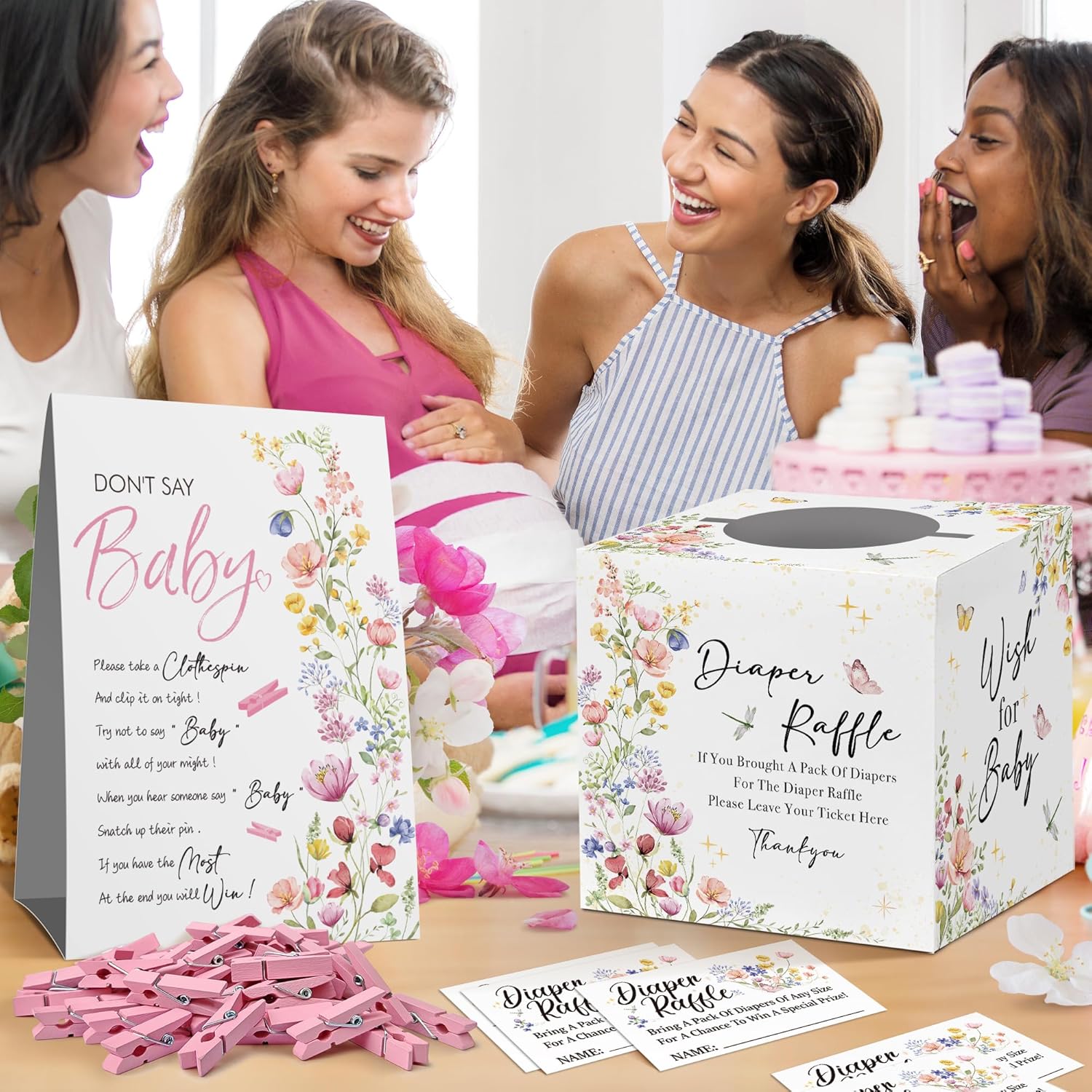 Bloom Diaper Raffle Box With 50 Tickets - Don'T Say Baby Game, Boho Wildflowers Baby Shower Games Kit For Girls-W1