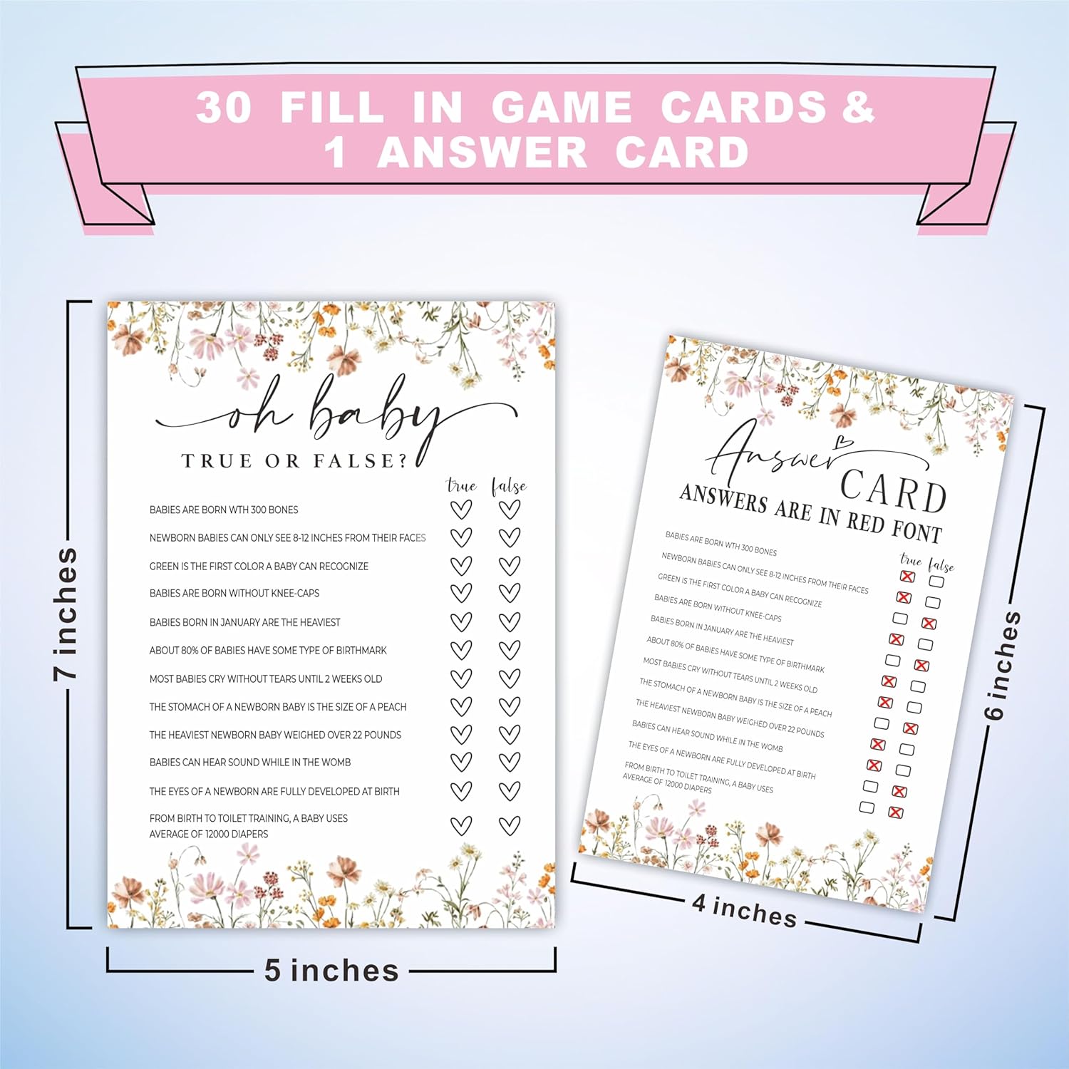 Baby Shower Game Cards, Oh Baby! Ture Or False Game Cards, Spring Flower, 30 Double-Sided Game Cards & 1 Answer Cards, Baby Announcement, Gender Reveal Party Favor, Activity & Supplies - G04