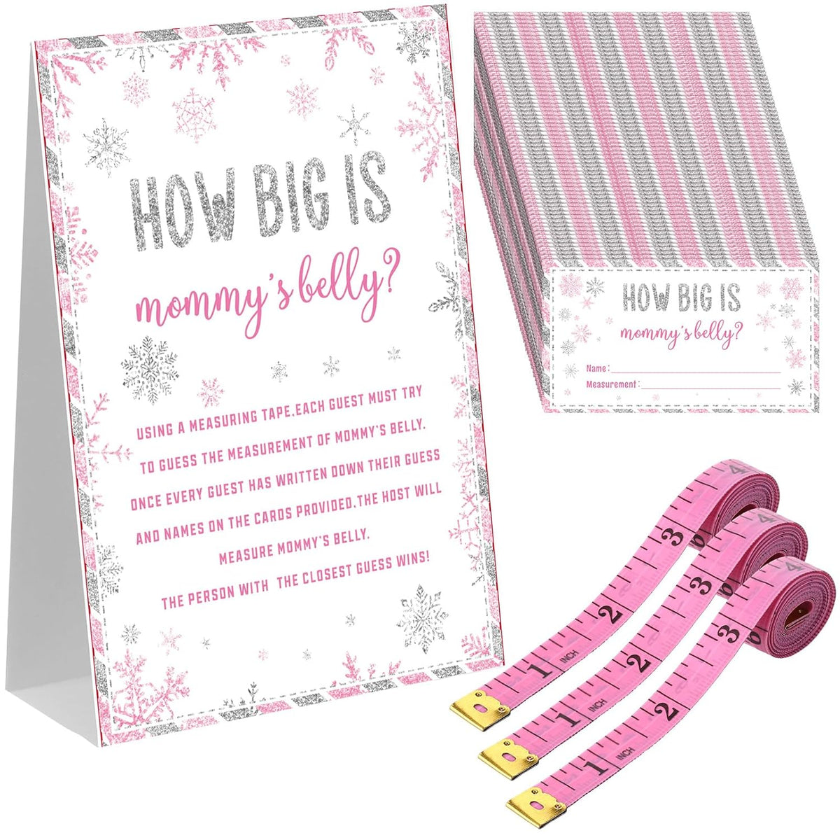54 Pcs Winter Snowflake Baby Shower Games Pink Snowflake Measure Belly Bump Party Game Include How Big Is Mommy'S Belly Sign 50 Guessing Cards 3 Measuring Tapes For Winter Baby Shower Party