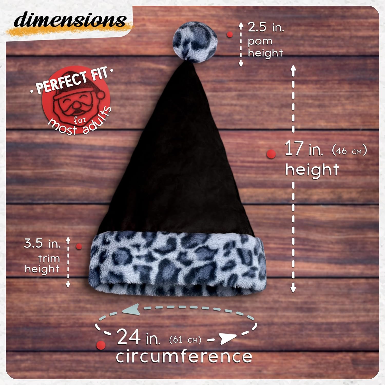 Black Santa Hat - Gray Snow Leopard Trim, Faux Fur - Furry Blue Cheetah Print, Plush Xmas Christmas Accessory - Adult, 1 Size