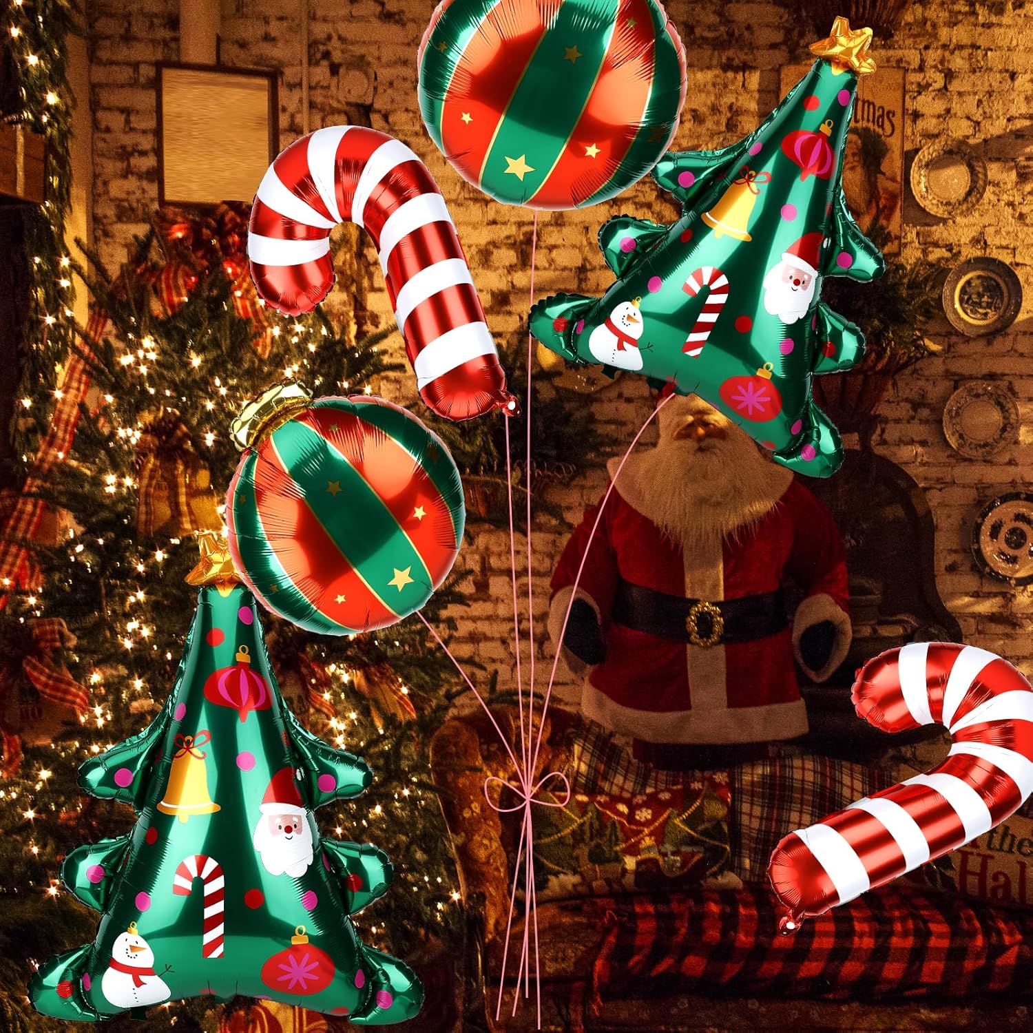 6 Christmas Foil Balloons, Christmas Balloons Set With Hanging Ball Christmas Cane Christmas Tree Balloons Ribbon Straw Christmas Decorations For Birthday Festival Candy Theme Party, 3 Styles