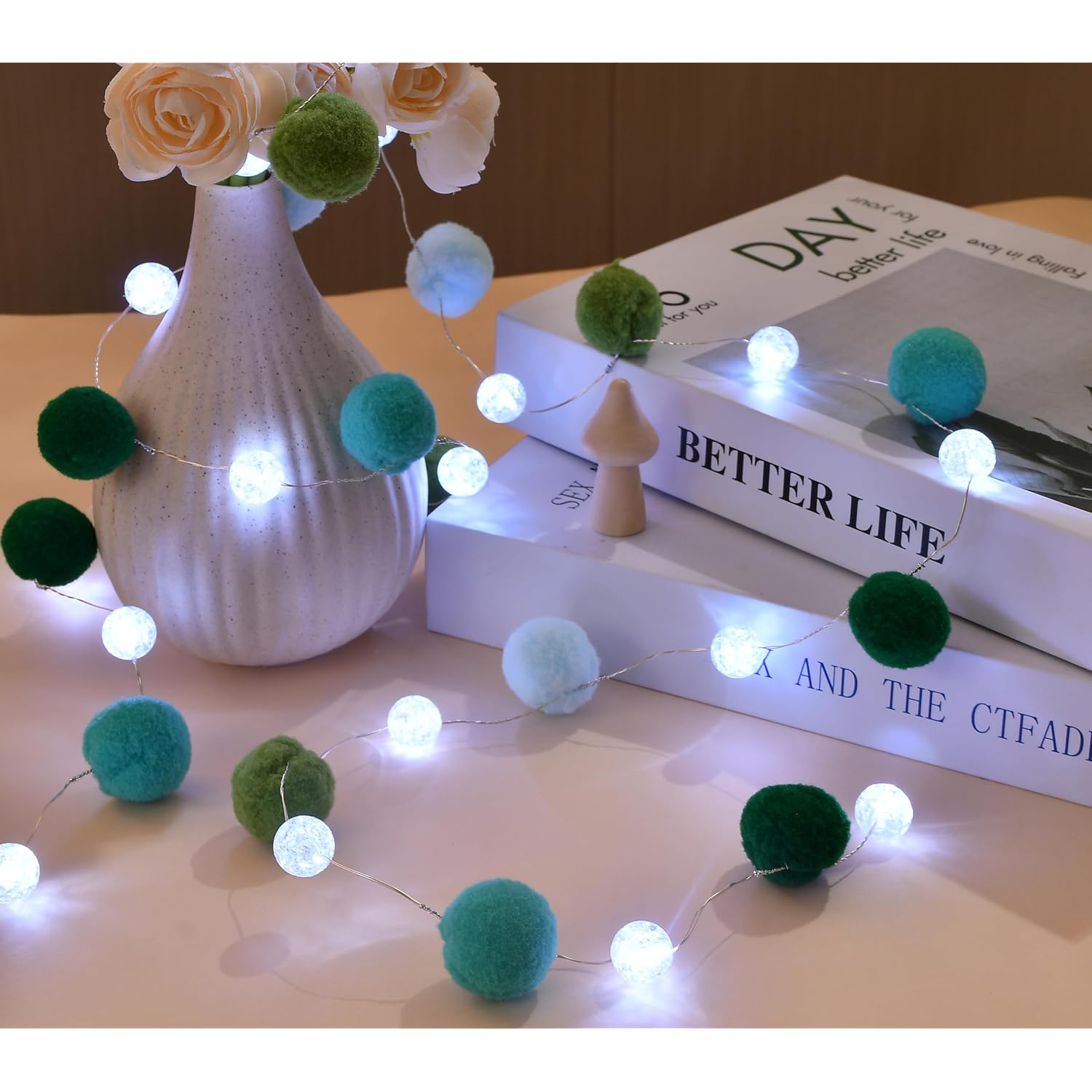 6.56Ft 20 Led 3Aa Battery Powered Globe Crystal Ball Lights With Fluffypom-Poms Fairy Light For Bedroom, Valentine'S Day
