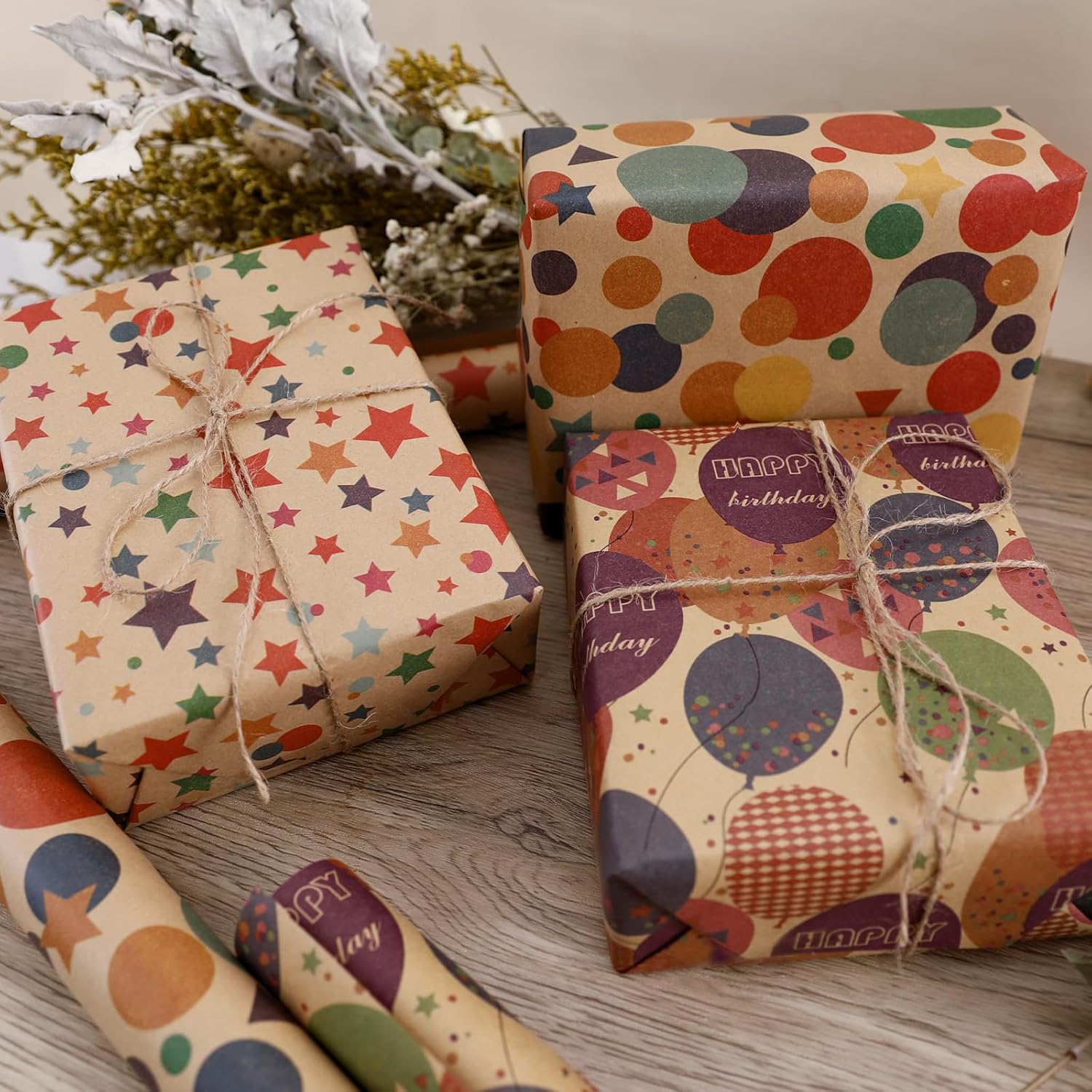 Birthday Wrapping Paper,Gift Wrapping Paper Roll,Kraft Wrapping Paper-17 Inch X 32.8 Feet Per Roll,Colorful Dots Pattern For Boys Girls, Perfect For Birthday Party, Baby Shower