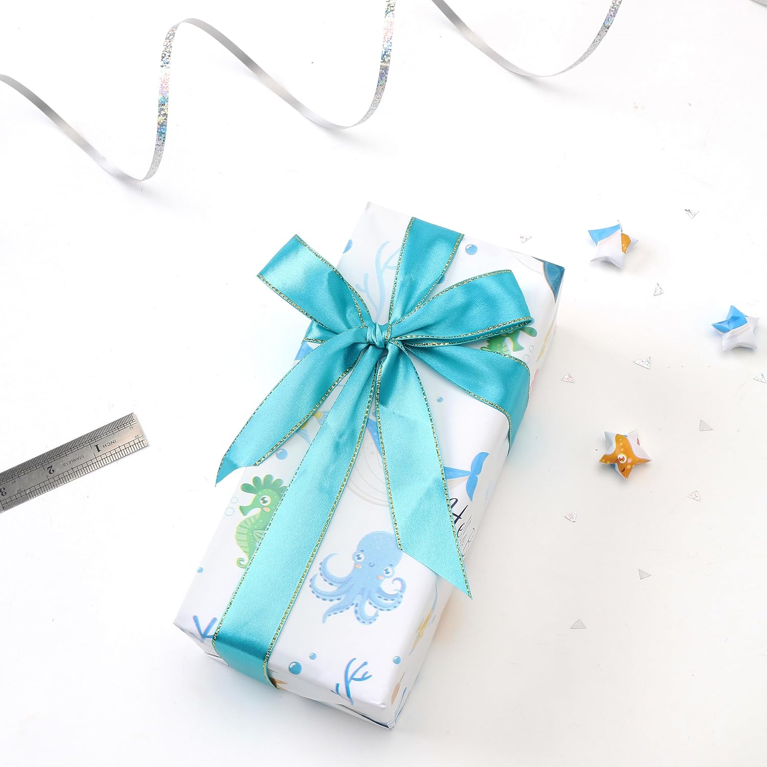 Blue Baby Wrapping Paper Roll-17 Inches X 32.8 Feet, Mini Roll, Sea Creatures Design Wrap Paper For Baby Shower, Boys' Birthday Party, Newborn, New Moms, Little One, 1St Baby, 1 Roll