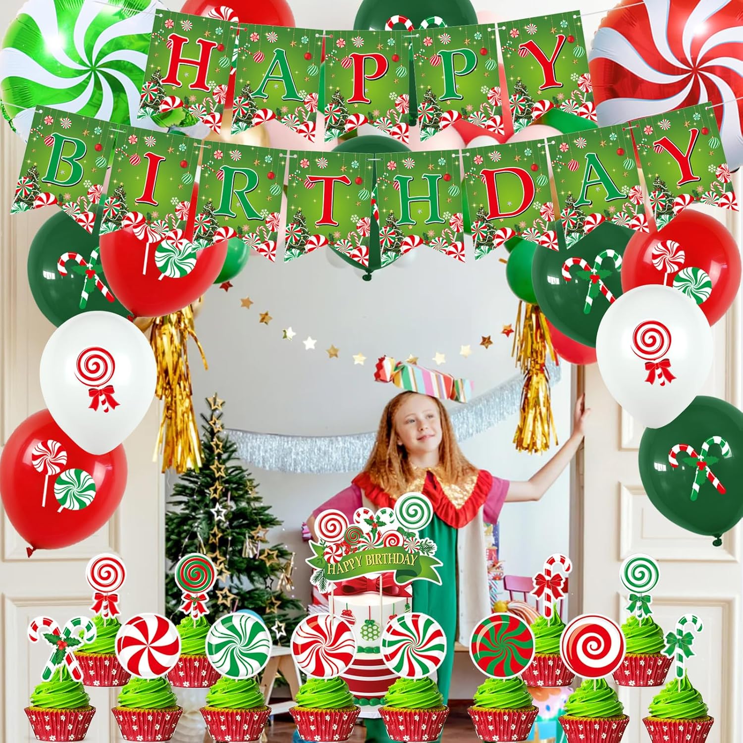 Christmas & Birthday Party Decorations - Candy Theme Banner, Cupcake Toppers & Balloons For Baby Showers