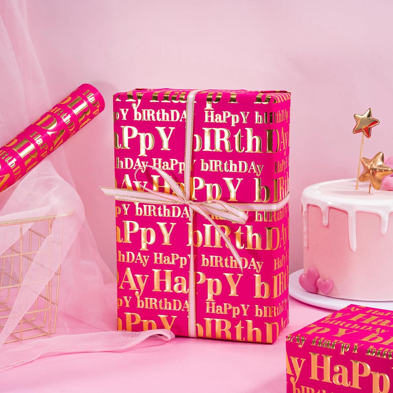 3D Kraft Birthday Wrapping Paper Roll - Mini Roll - 17 Inch X 16.5 Feet - Gold And Hot Pink Happy Birthday Wrapping Paper With Embossed Perfect For Girls Women, Holiday, Party