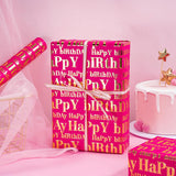 3D Kraft Birthday Wrapping Paper Roll - Mini Roll - 17 Inch X 16.5 Feet - Gold And Hot Pink Happy Birthday Wrapping Paper With Embossed Perfect For Girls Women, Holiday, Party