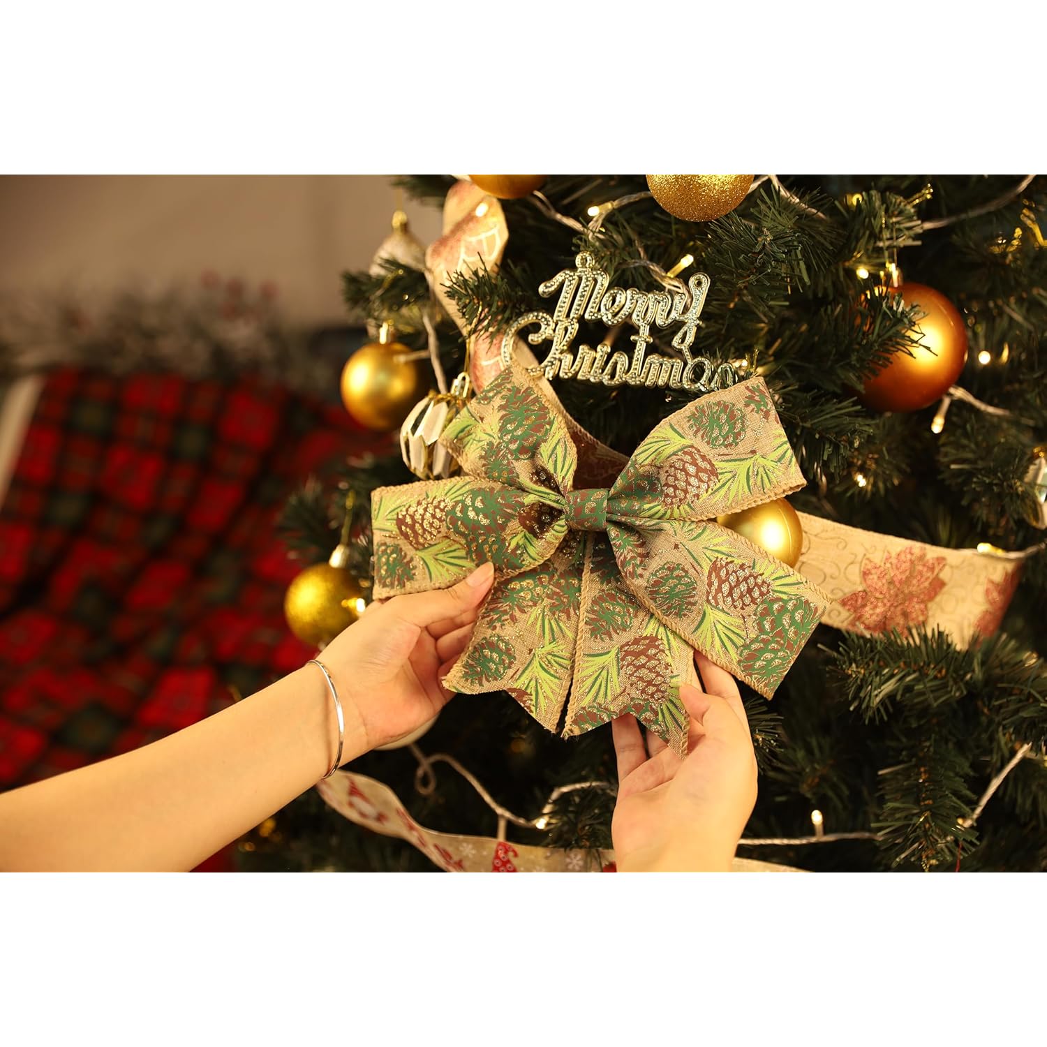 Pine Cones On Burlap Christmas Wired Ribbon, 2.5" X10 Yd Spool For Tree Topper, Wreath, Gifts & Decor