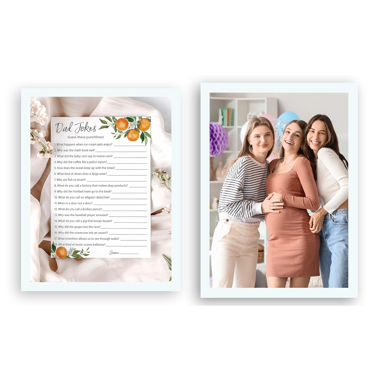A Little Cutie Theme Baby Shower Game — Dad Jokes Games — Pack Of 25 — Fun Dad Joke Game, Funny Daddy Jokes Trivia, Citrus Orange Shower Activity, Gender Neutral Couples Co-Ed Shower Birthday G350-Djk