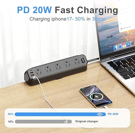 Desk Clamp Power Strip 10 Outlets 4 USB Ports PD20W USB C 6FT Surge Protector Black