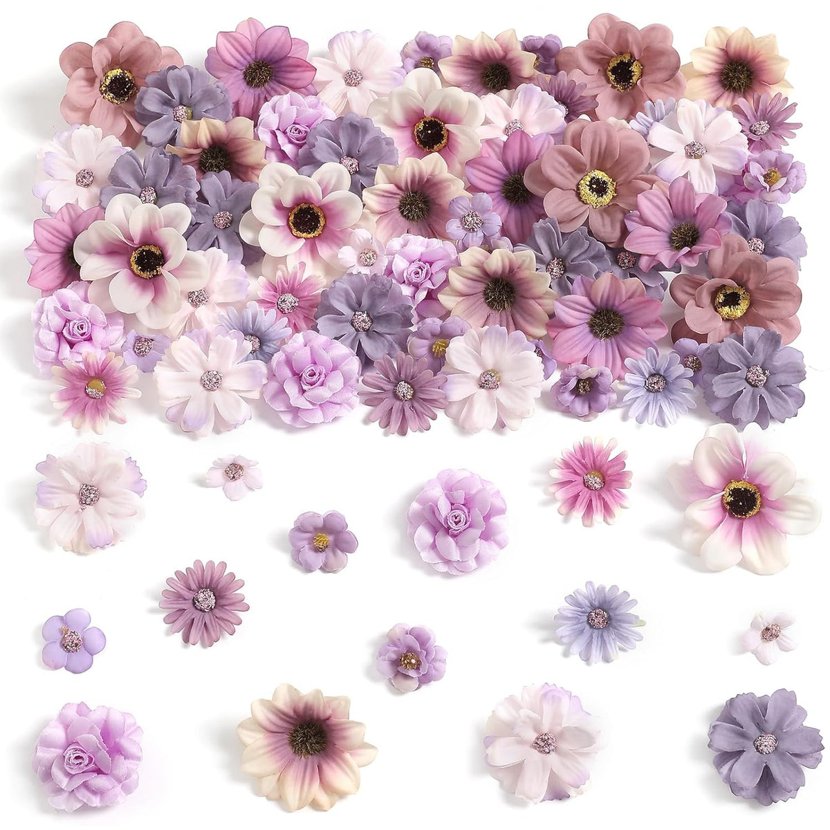 90 Pcs Mini Artificial Silk Flower Heads - Purple Peony, Daisy, Rose Floral Appliques For Spring Summer Crafts | Diy Wreath Accessories For Wedding/Home Decor/Party/Graduation Cap