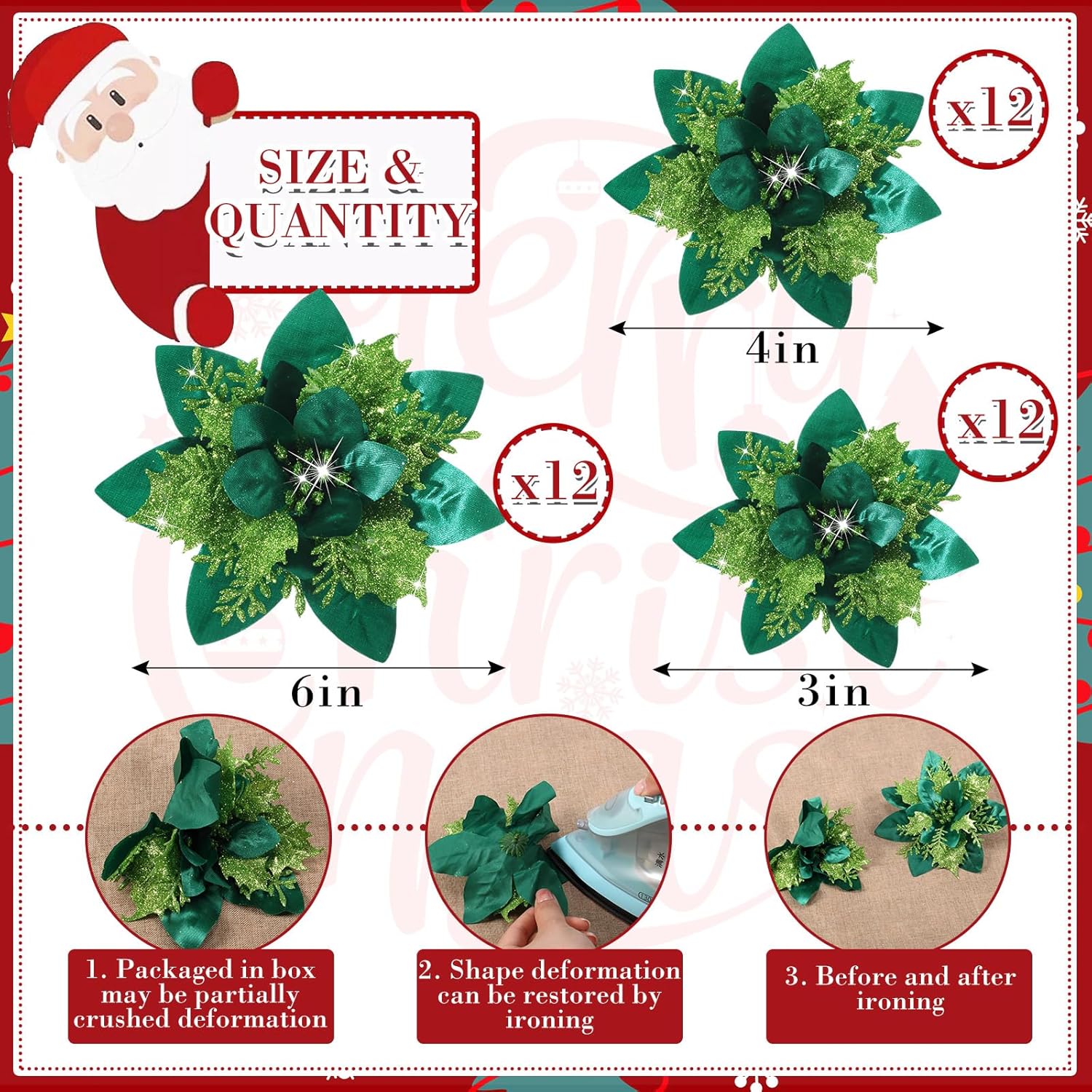 36 Pcs Christmas Glitter Artificial Poinsettia Flowers Xmas Poinsettia Artificial Wedding Flowers Decorations Xmas Tree Ornaments With Clips For Party, 6 Inch, 4 Inch, 3 Inch(Grass Green)