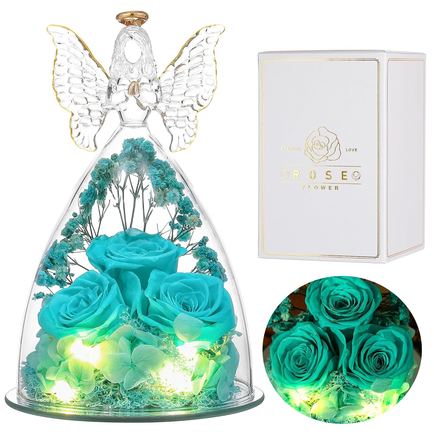 Mothers Day Rose Gifts For Her, Large Angel Rose Gifts For Women, Forever Real Roses In Angel Figurines, Angel Guardian With Roses Flower, Aqua Blue