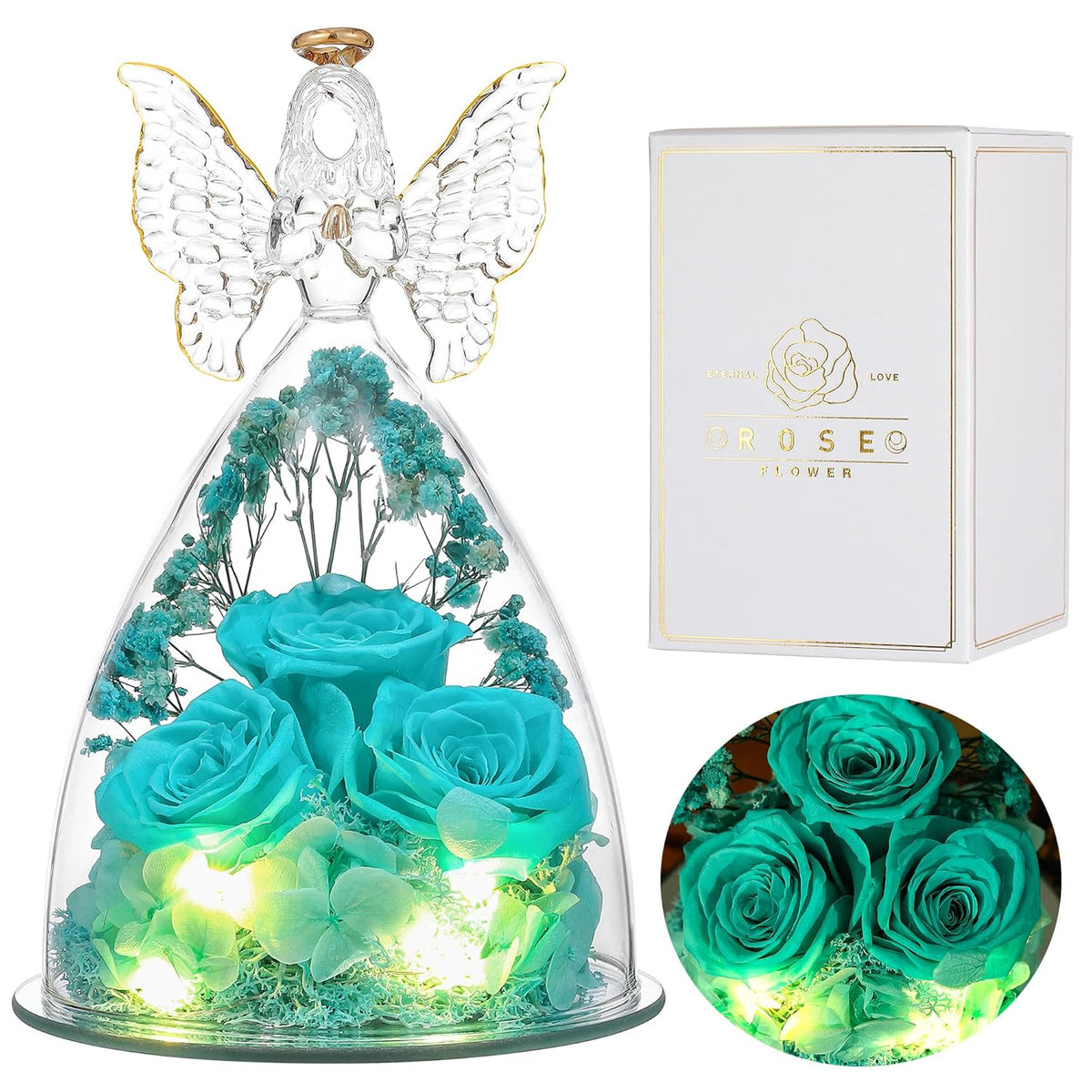 Mothers Day Rose Gifts For Her, Large Angel Rose Gifts For Women, Forever Real Roses In Angel Figurines, Angel Guardian With Roses Flower, Aqua Blue