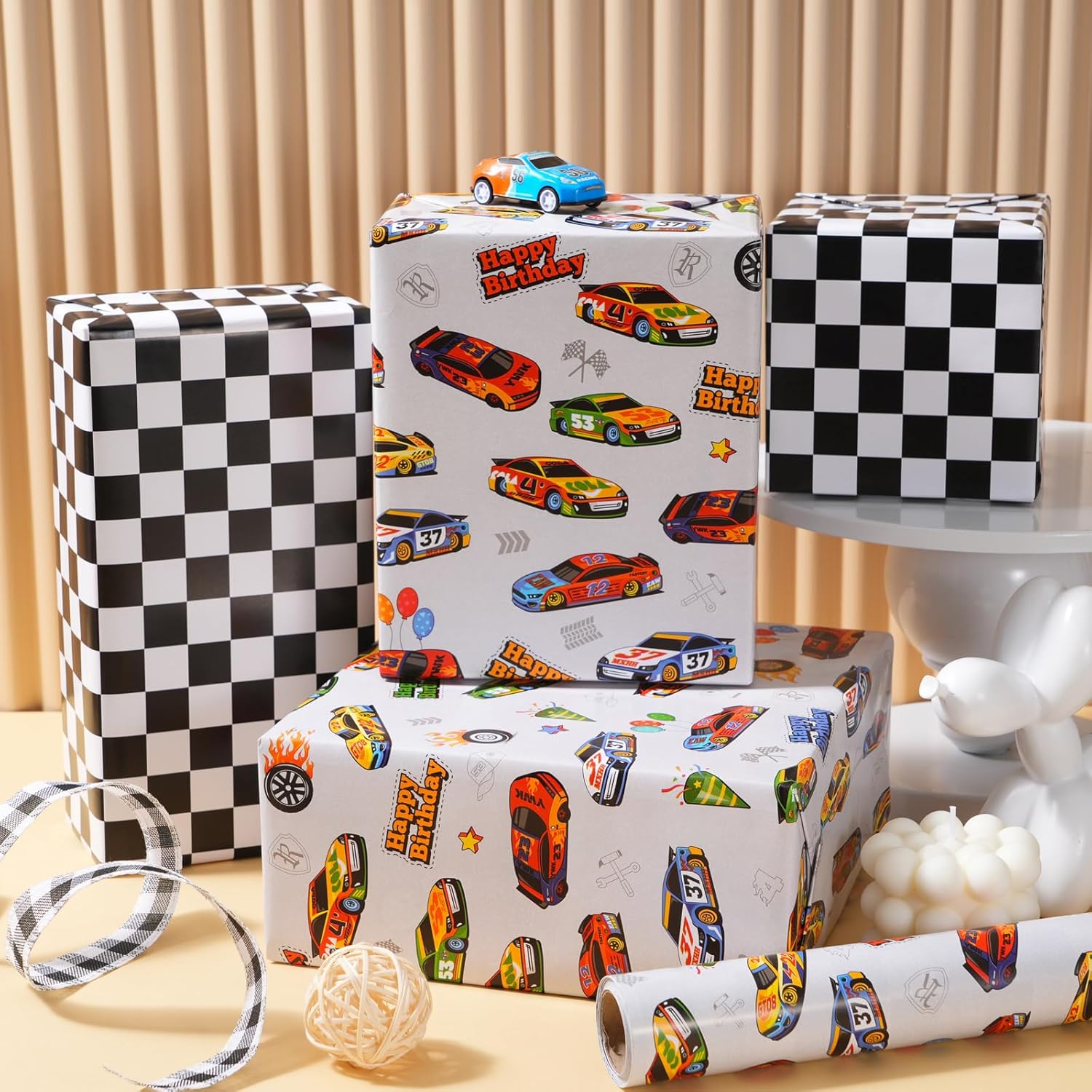 Race Car Wrapping Paper Rolls - Birthday Wrapping Paper For Kids Boys Autodrome Set Perfect For Party, Celebrating, Baby Boy Present Packing– 3 Rolls - 17 Inch X 120 Inch Per Roll